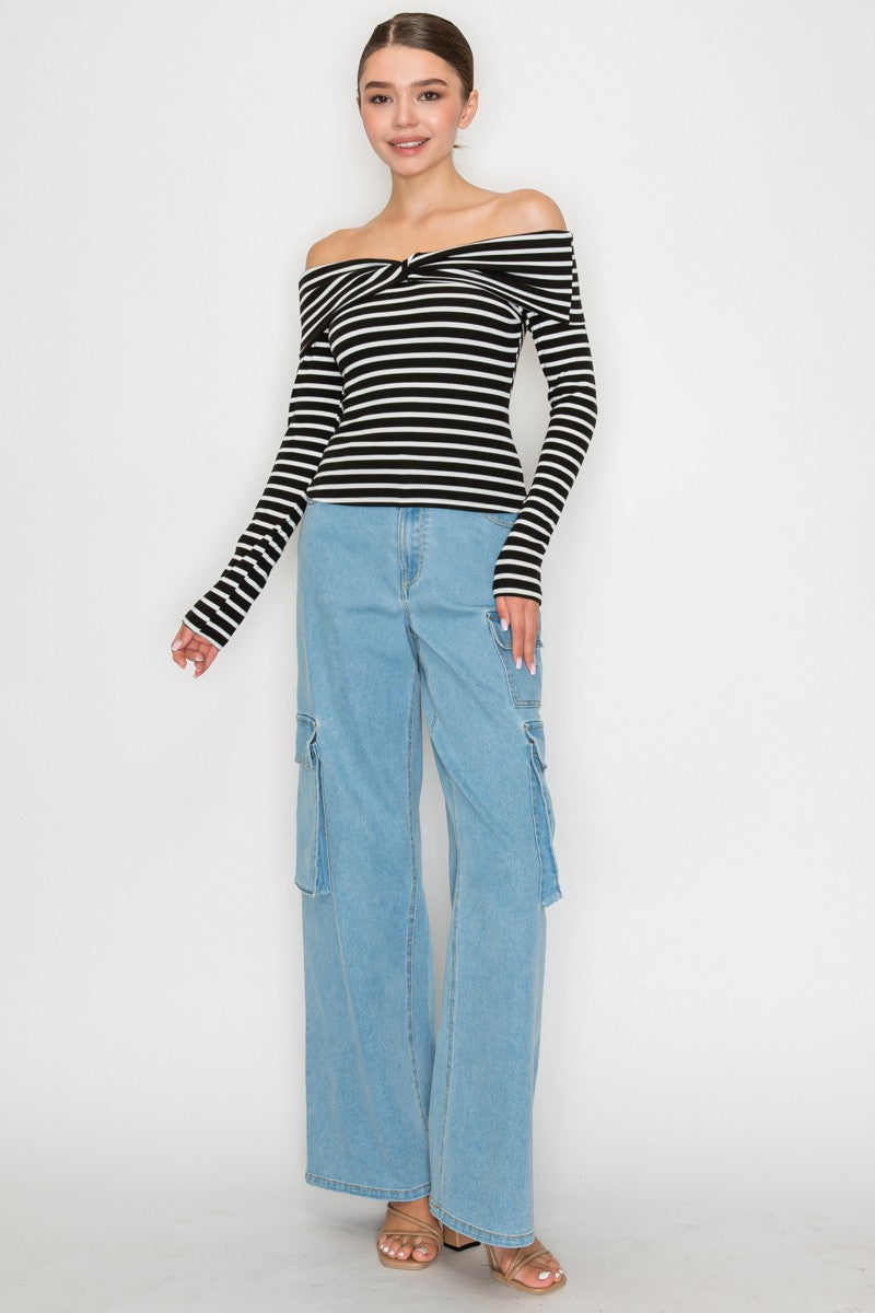 Kennedy Black & White Striped Off Shoulder Top