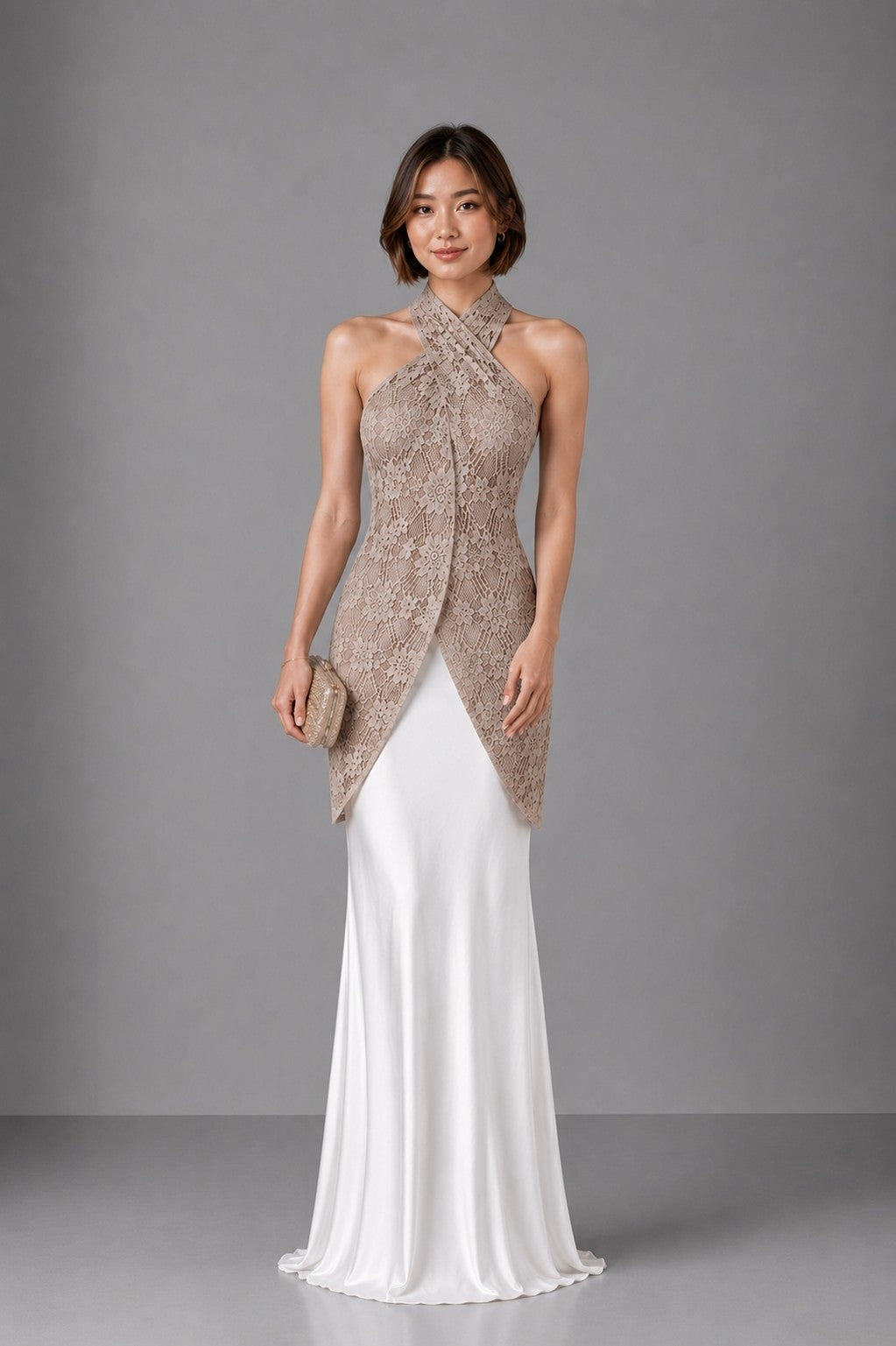 Irene Taupe Lace Criss Cross Halter Top