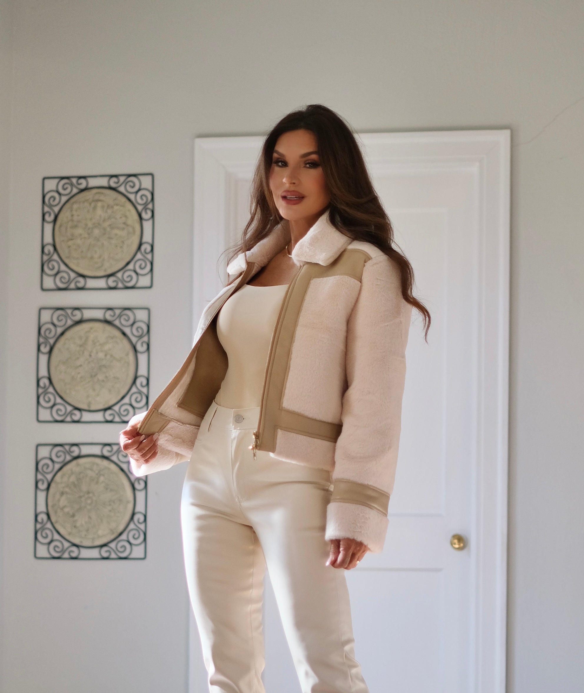 Beta cream paneled color block jacket