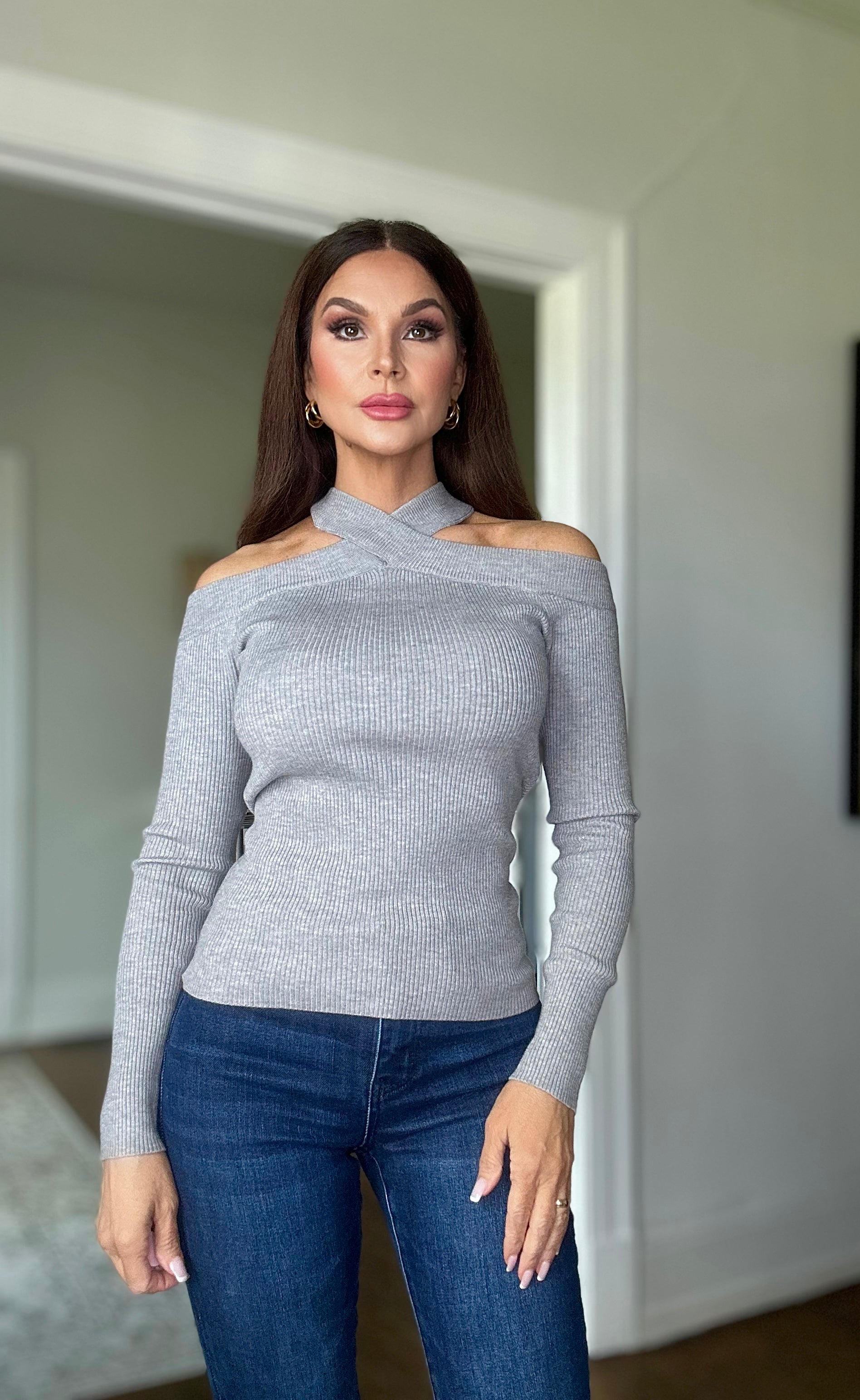 Kate heather gray batwing off the shoulder top