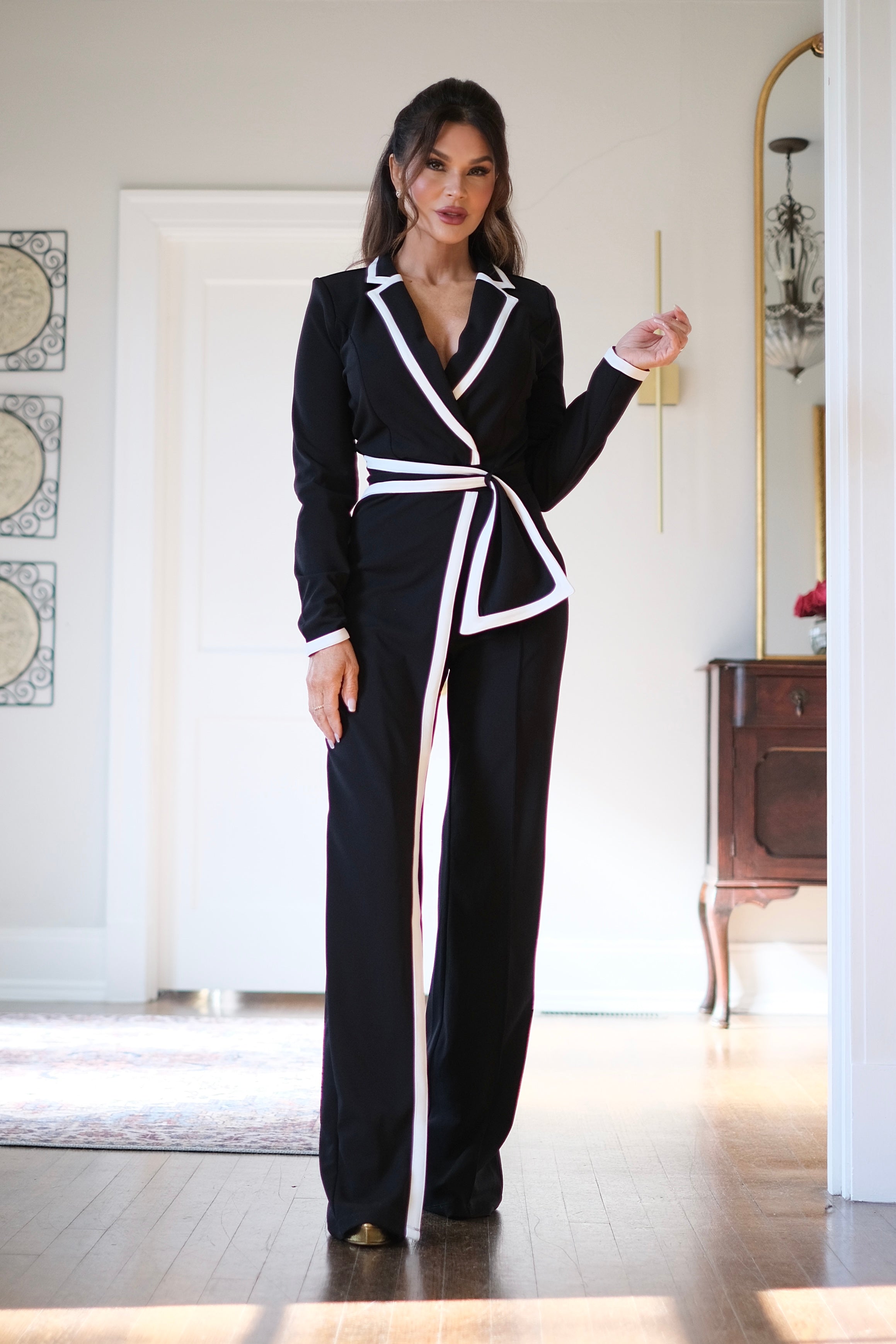 Nadia black double flap jumpsuit with white contrast