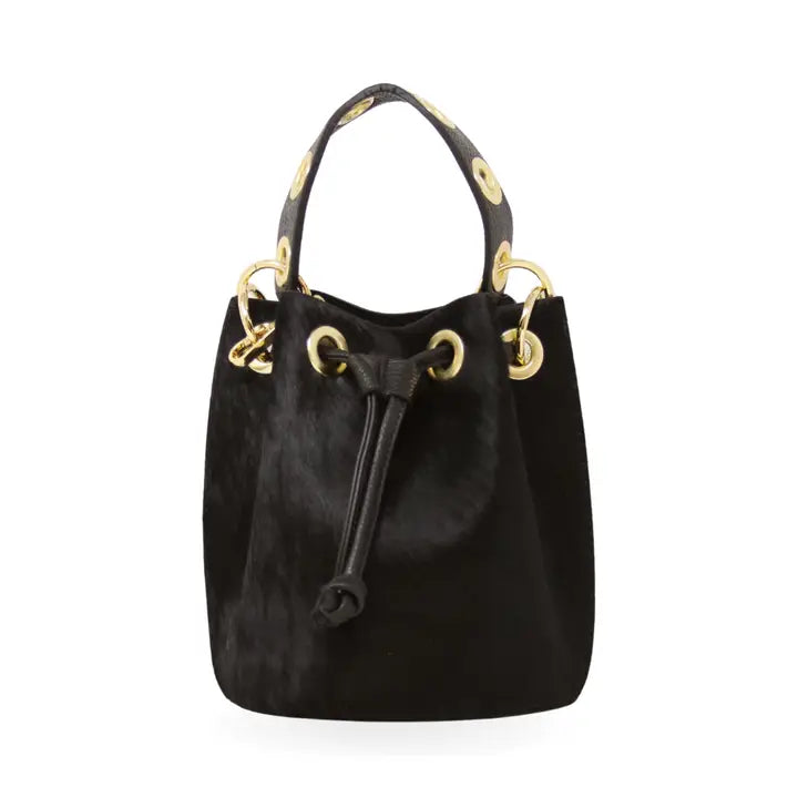 Harlow Black Genuine Leather and Cowhide Bucket Bag