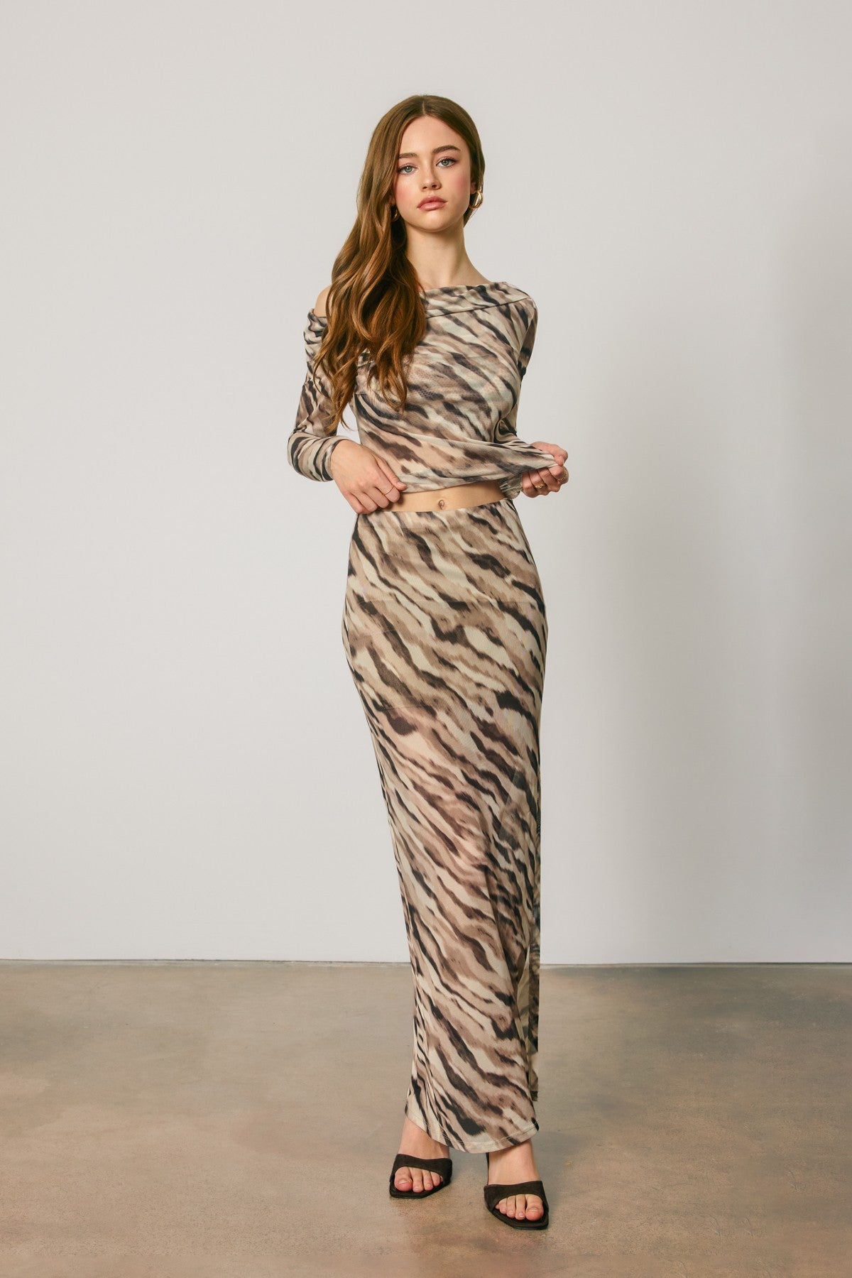 Gayla Brushed Zebra Mesh Side Slit Maxi Skirt