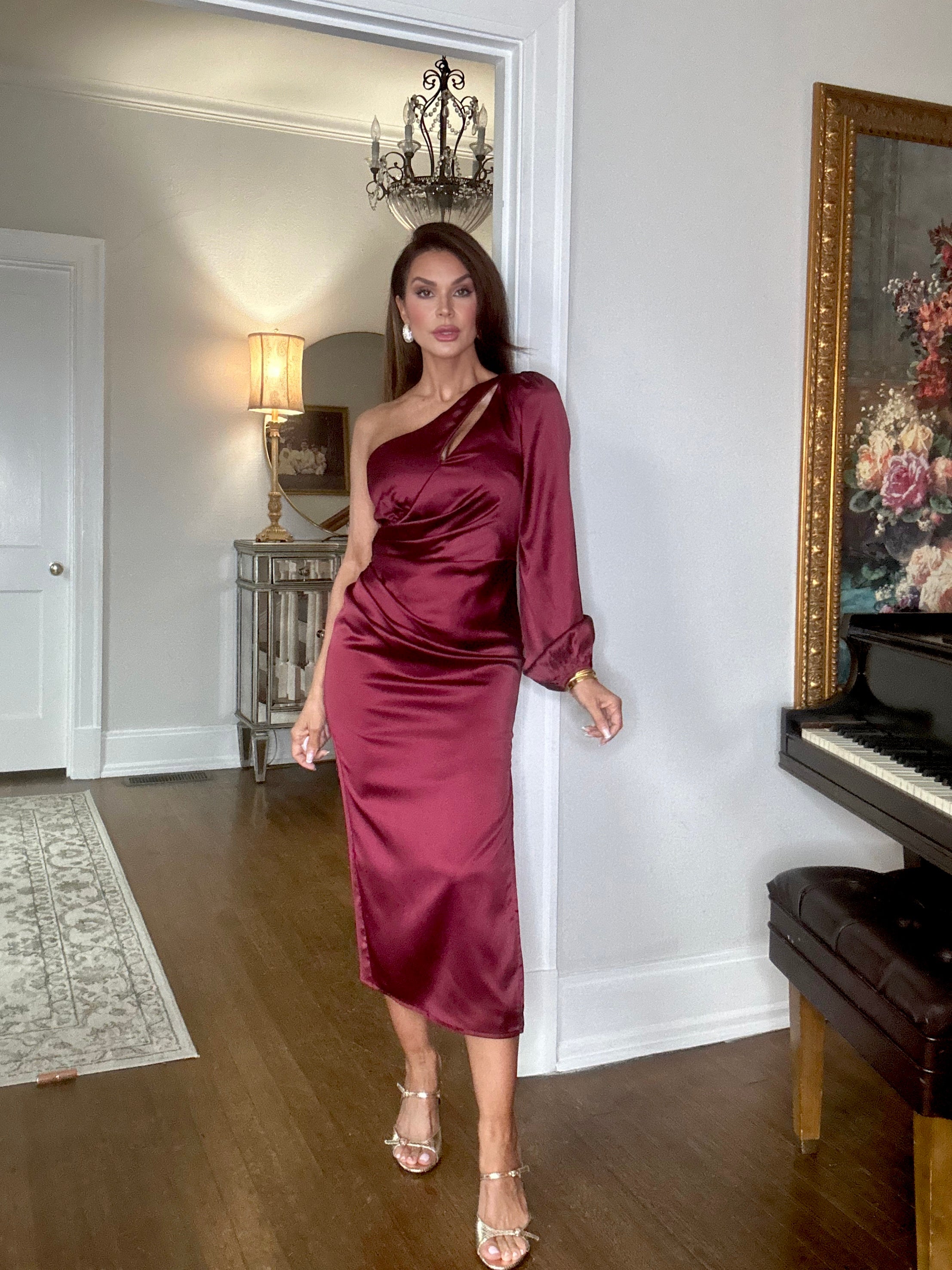 Marlene wine satin one shoulder long sleeve midi dress