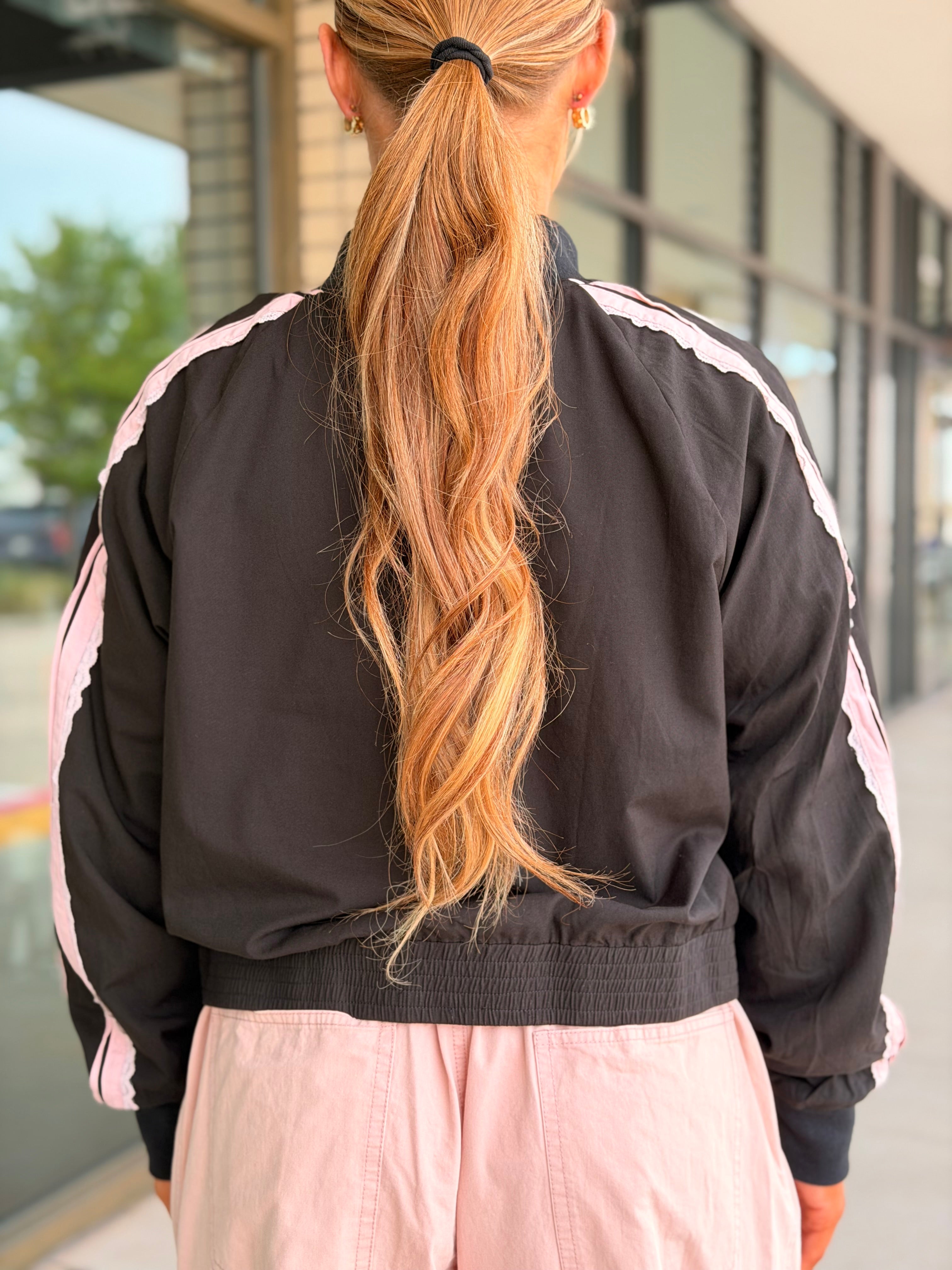 Abbie Black & Blush Lace Trim Zip Up Jacket