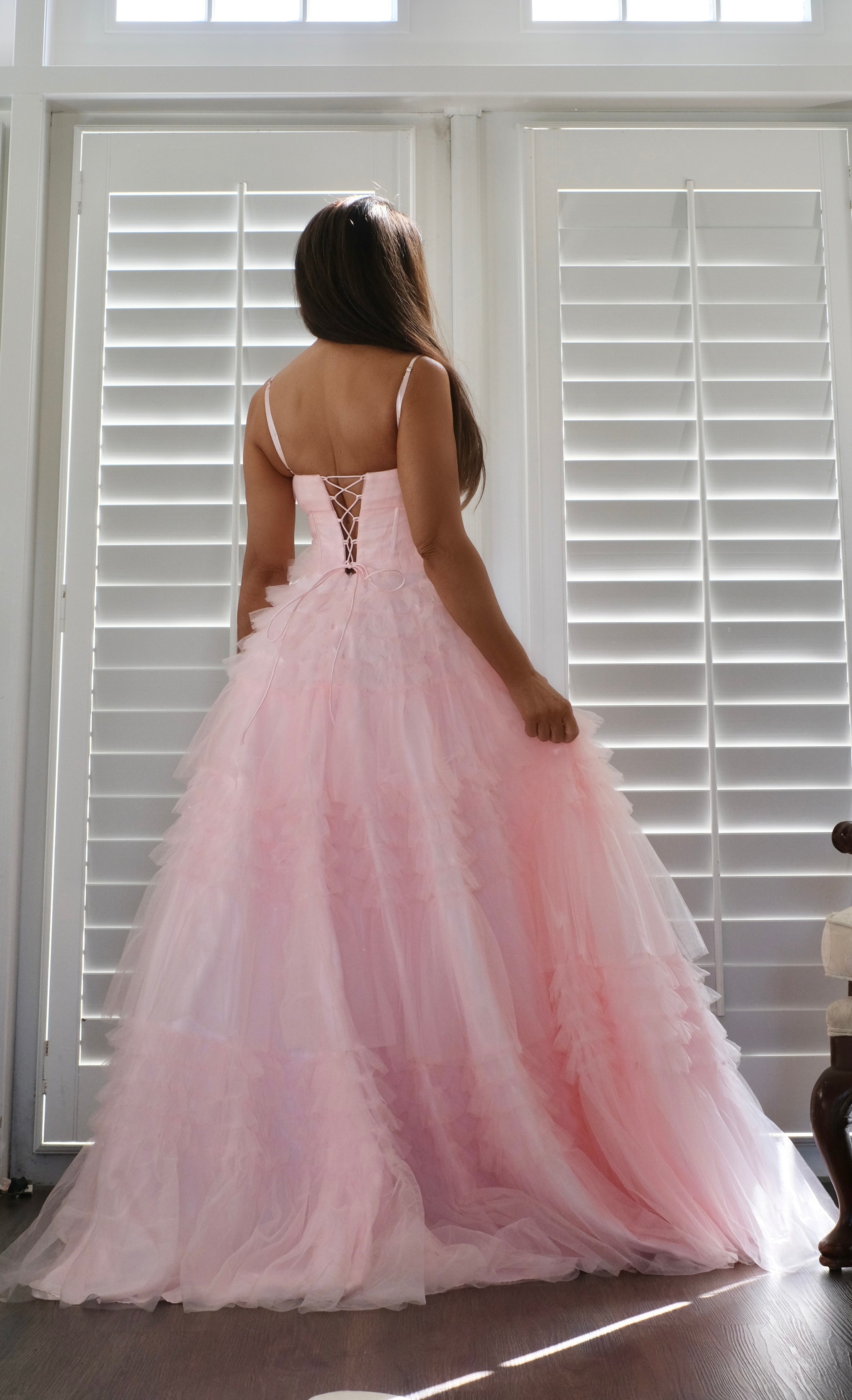 Belle blush tiered tulle ruffle skirt formal dress