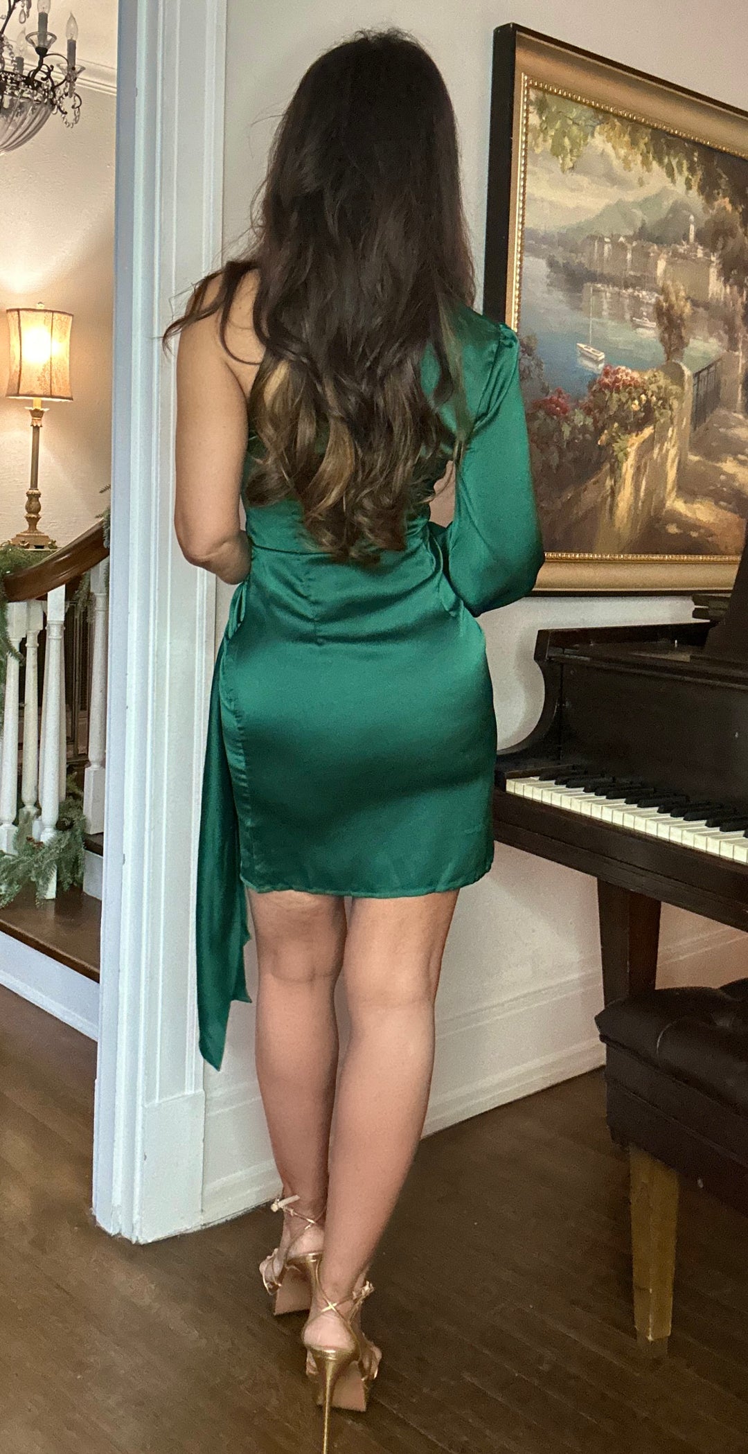 Jeannie emerald green one shoulder wrap mini dress