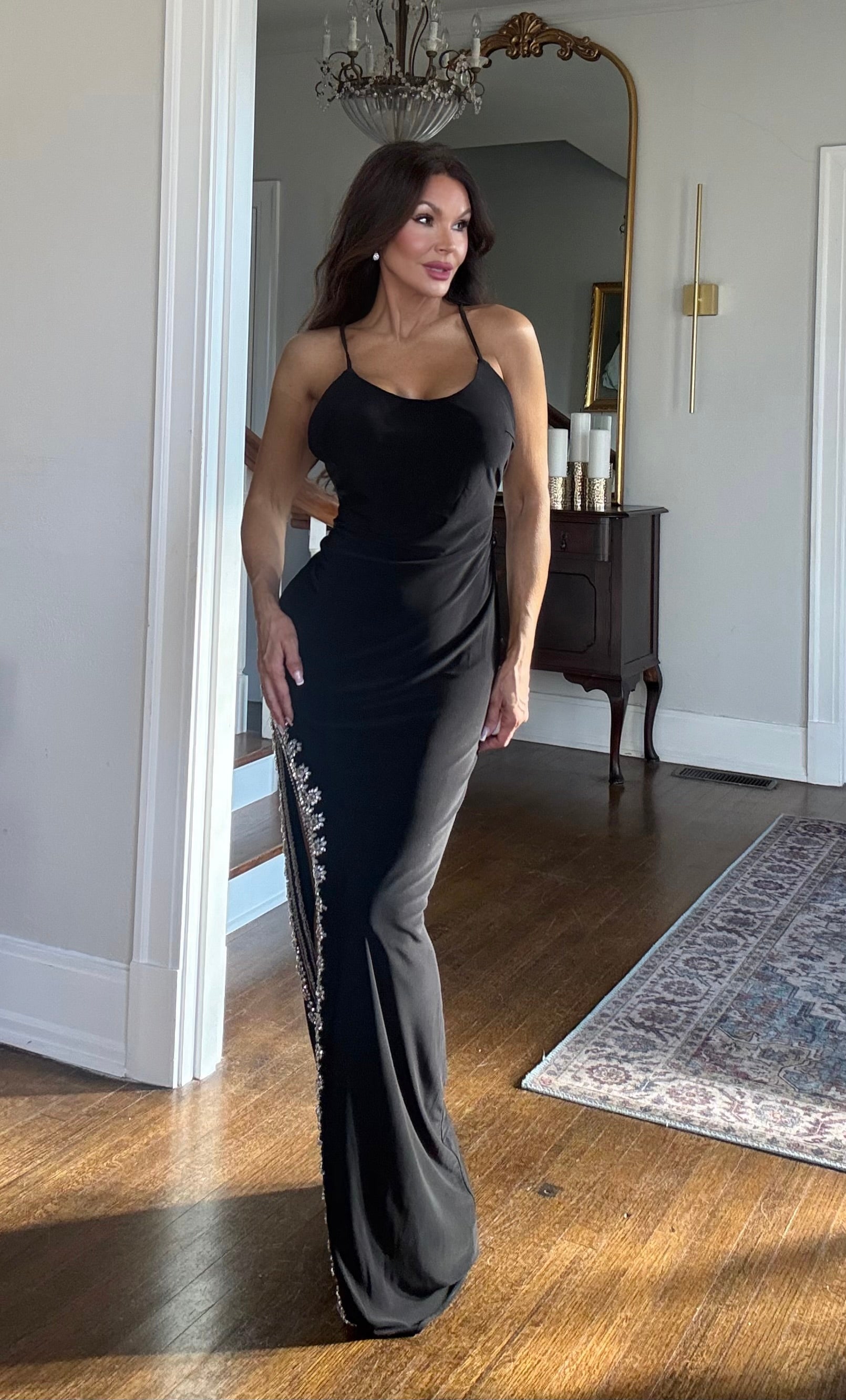 Davina Black formal with scoop back and jeweled cut away slit