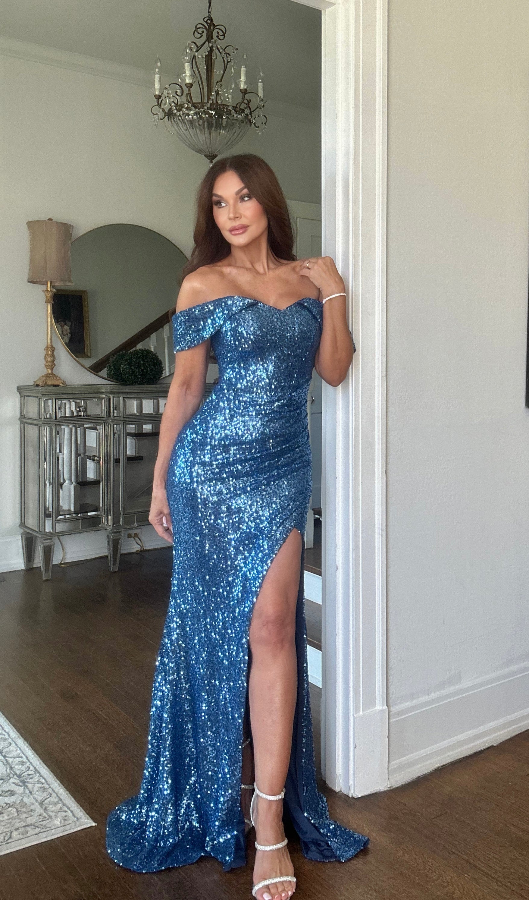 Latoya Slate Blue Sequin Off the Shoulder Ruched Formal with Slit