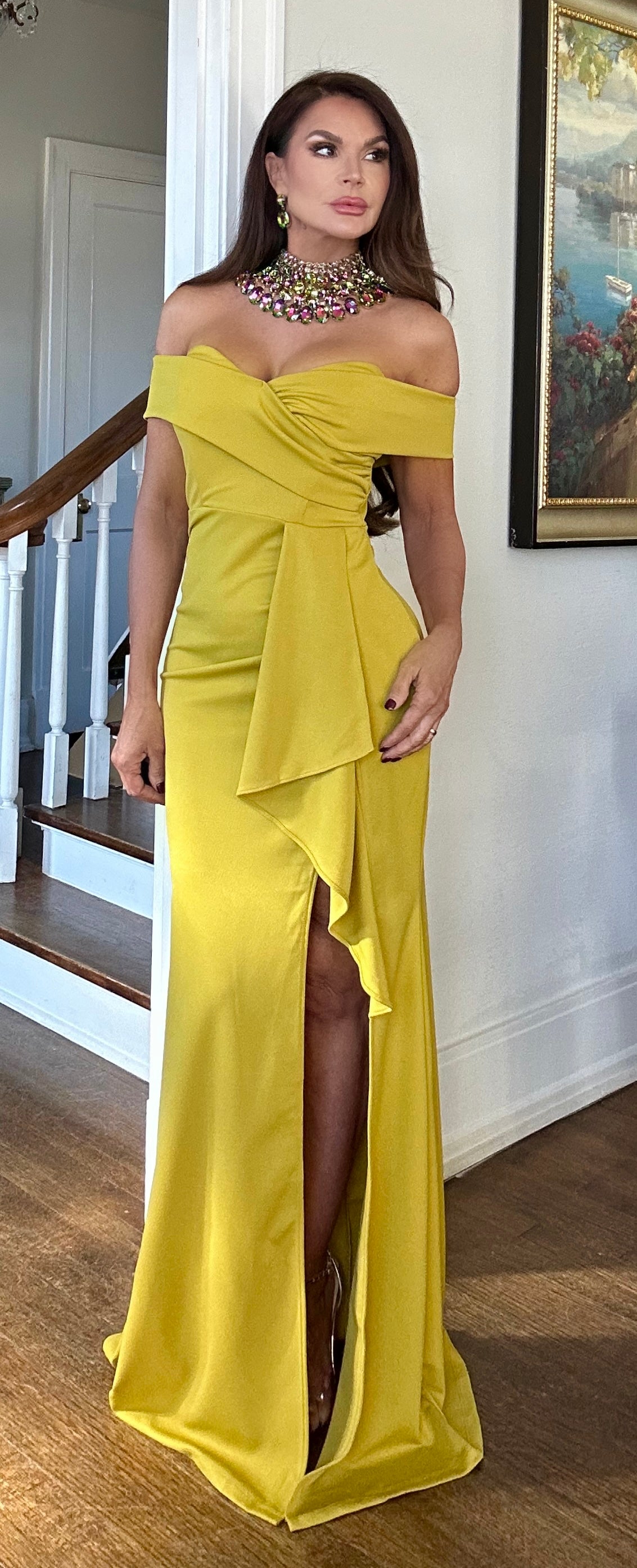 Blair chartreuse shoulder maxi with ruffle and slit