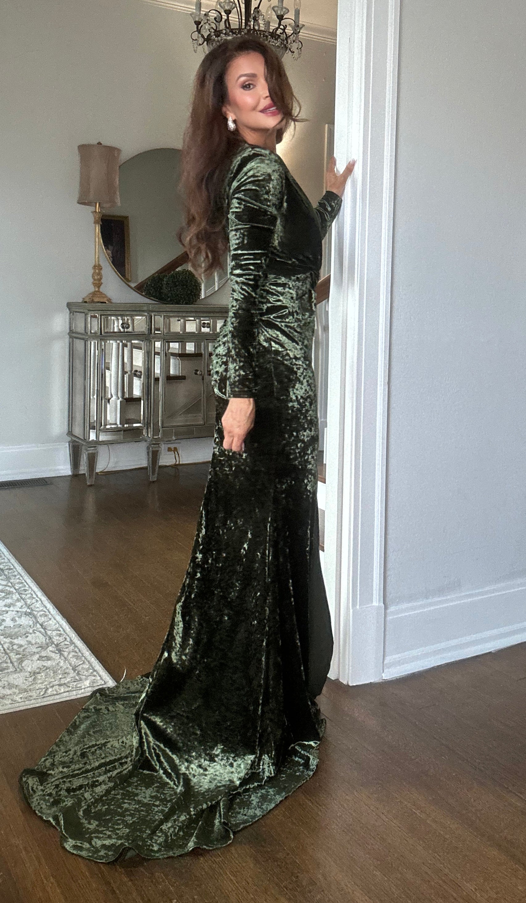 Julianna deep green long sleeve velvet dress with front slit