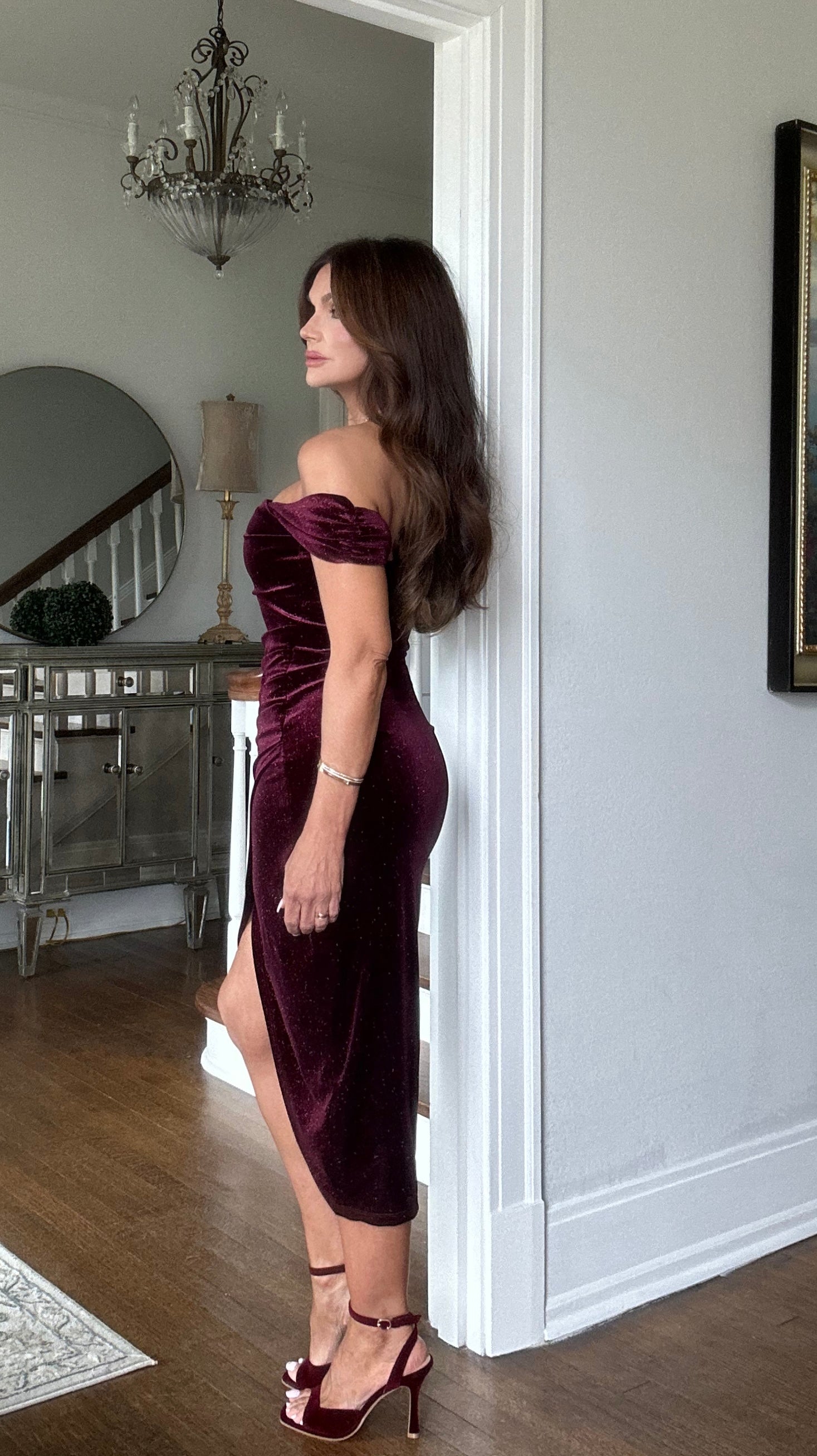 Jessica burgundy velvet glitter off shoulder midi dress