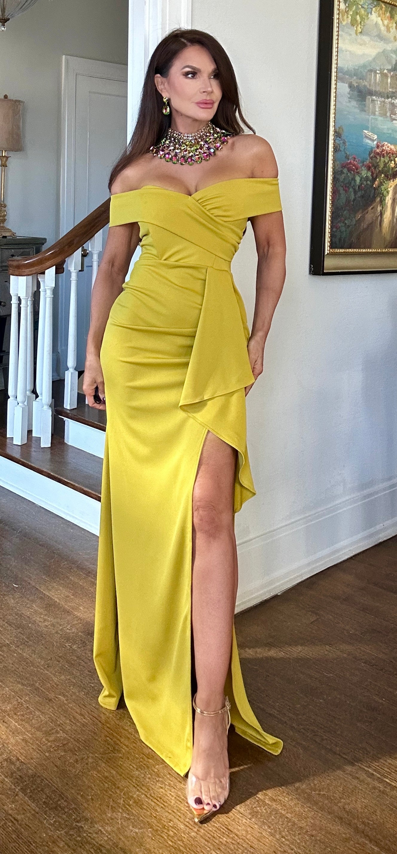 Blair chartreuse shoulder maxi with ruffle and slit