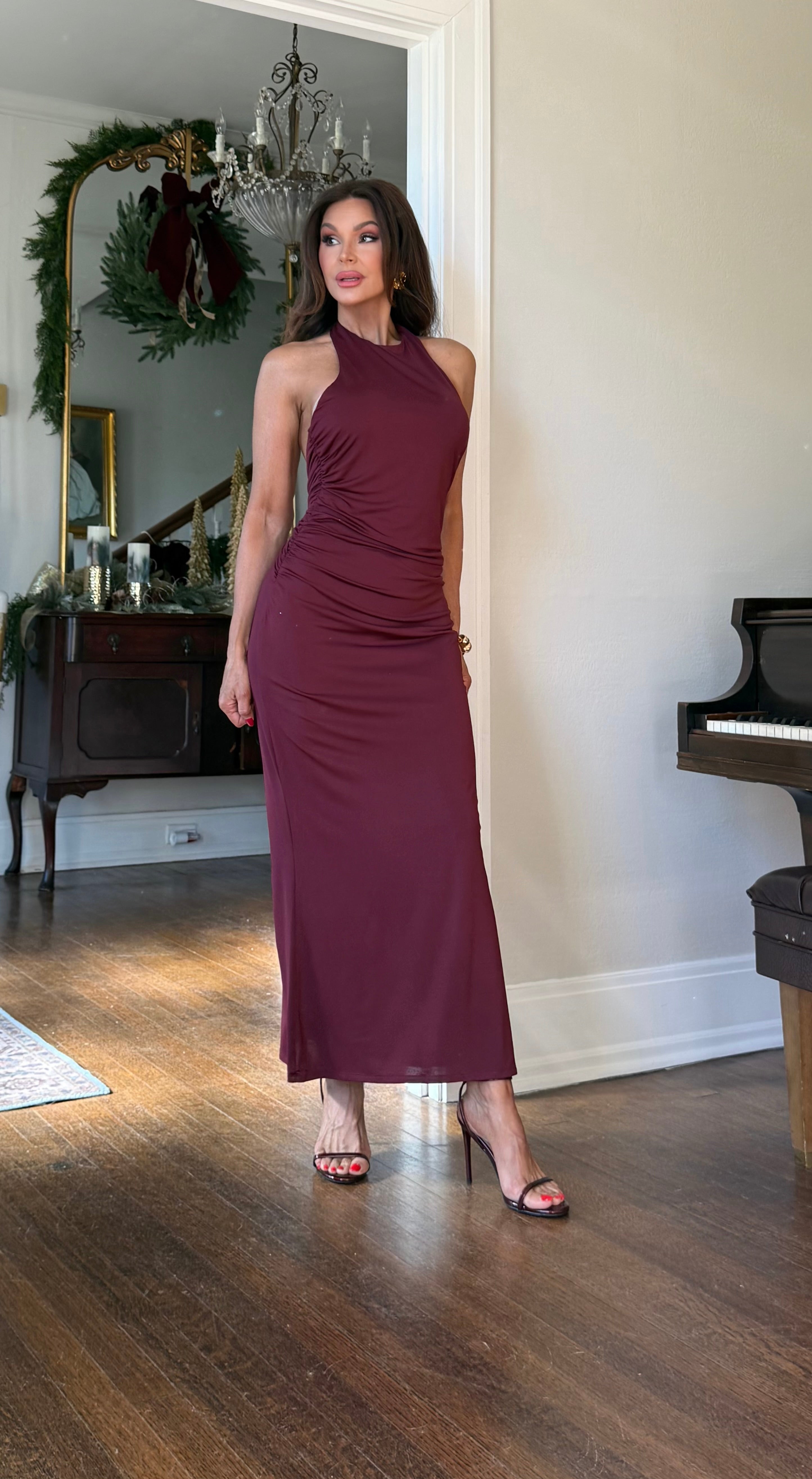 Bella Burgundy Halter Neck Side Ruche Midi Dress