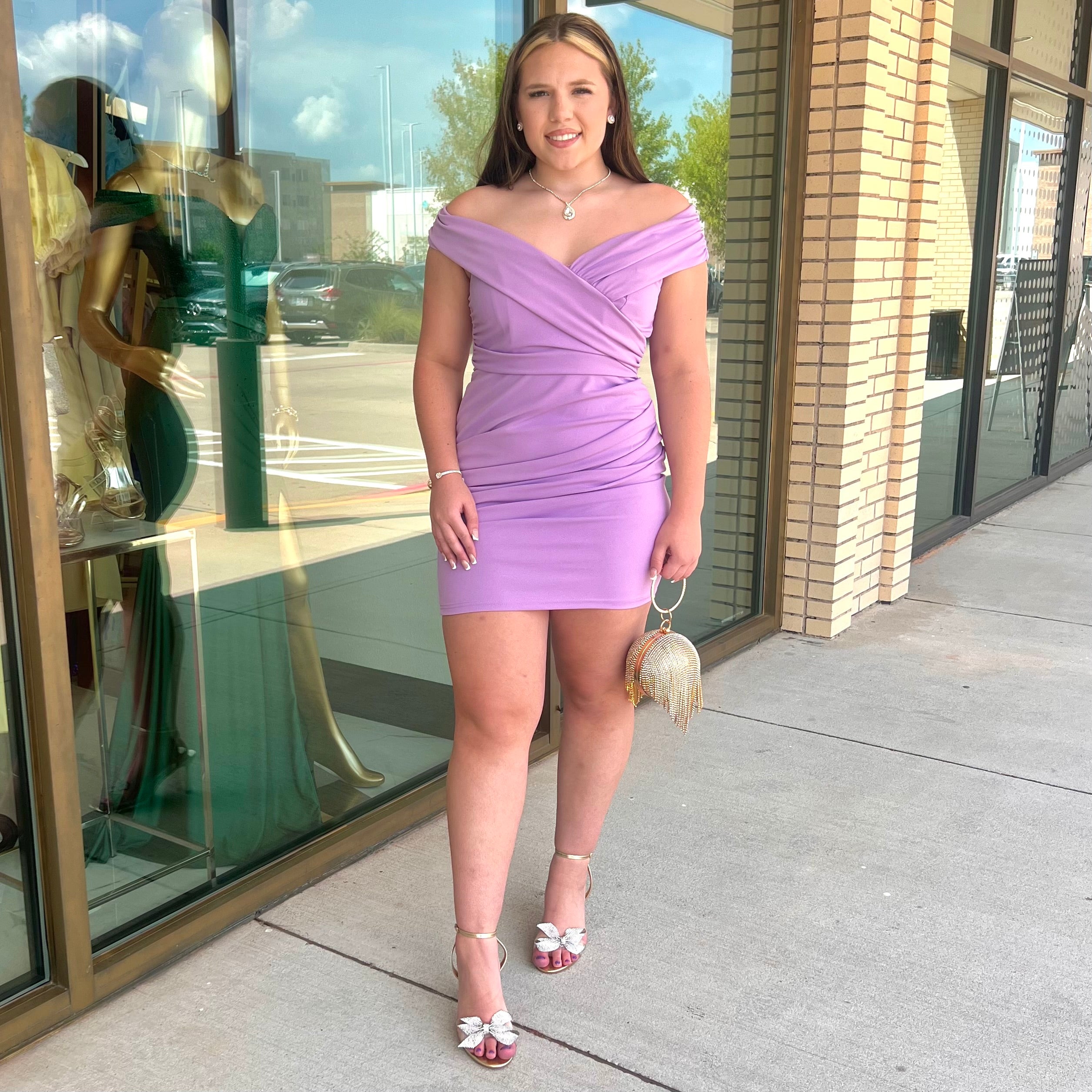 Ash lilac off shoulder mini dress