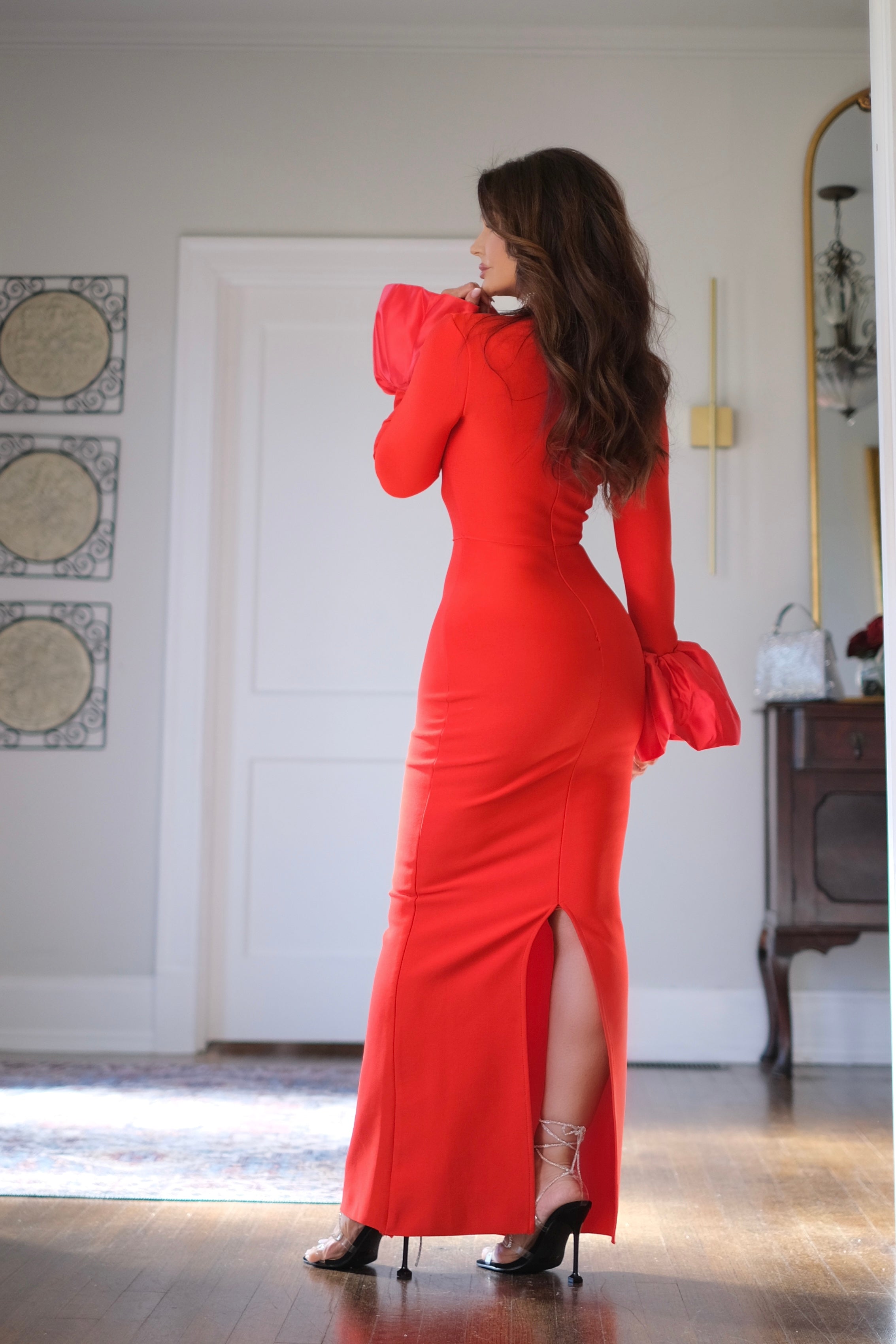 Loni red bandage midi dress with satin sleeve ruffles and crystal detail