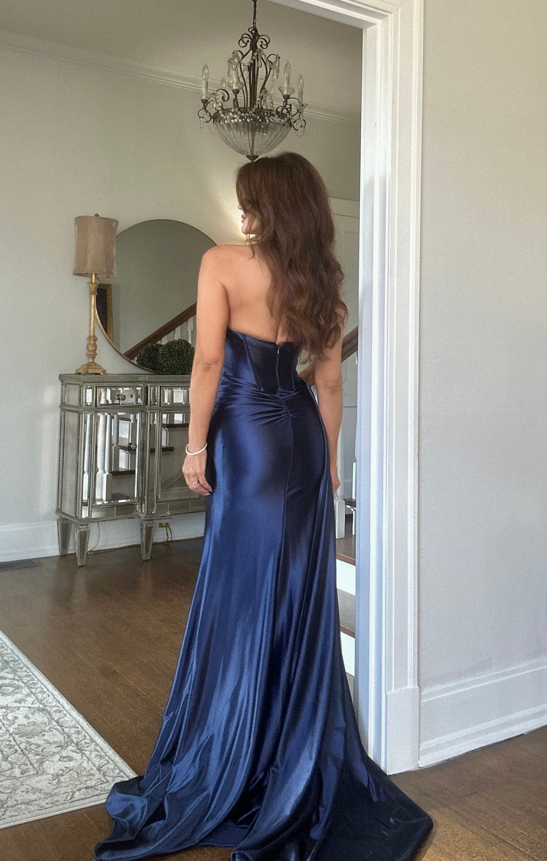 Sasha Navy Strapless Satin Formal With Sash and Ruched Detail