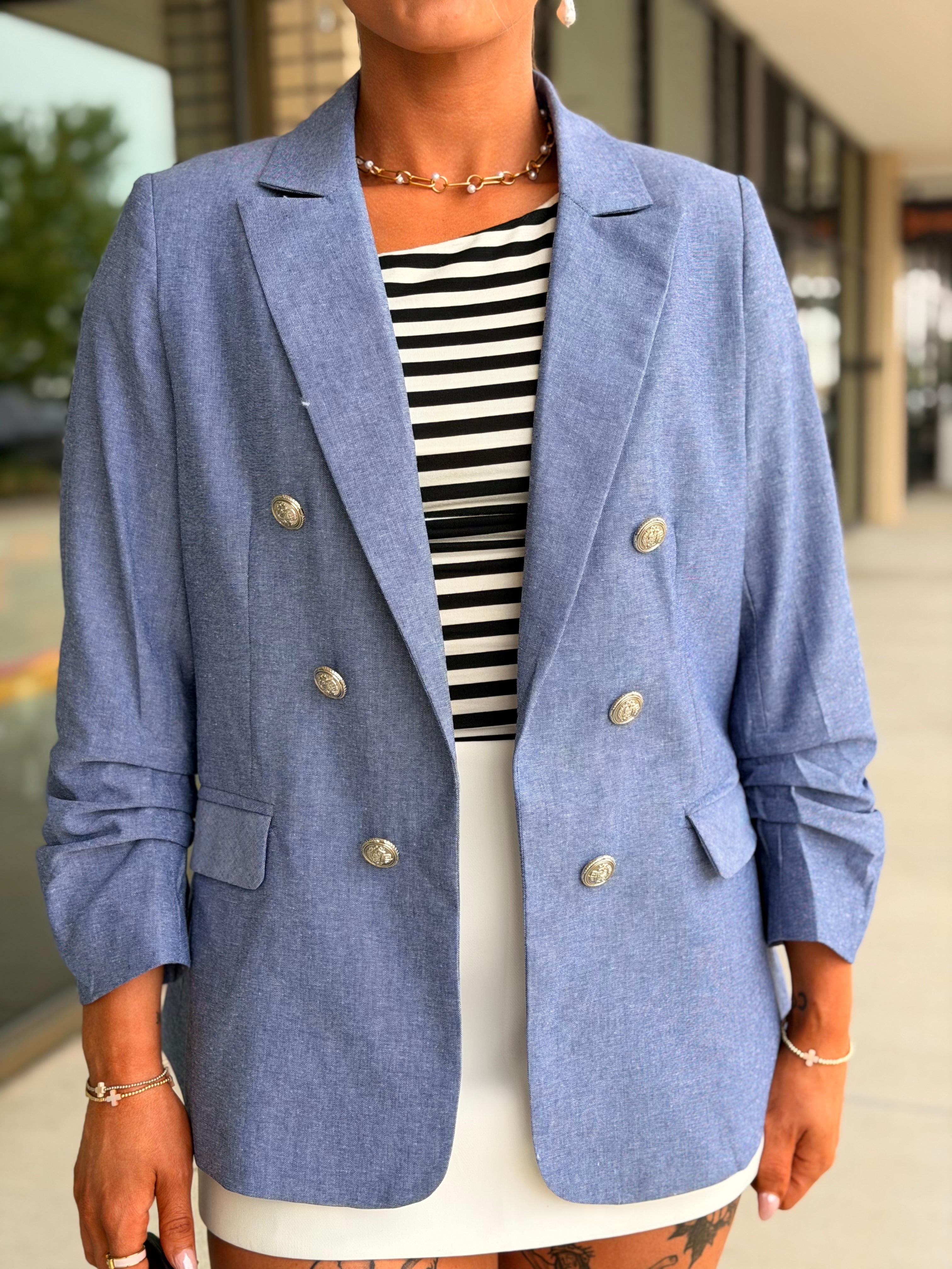 Margo Denim Ruched Pocket Blazer