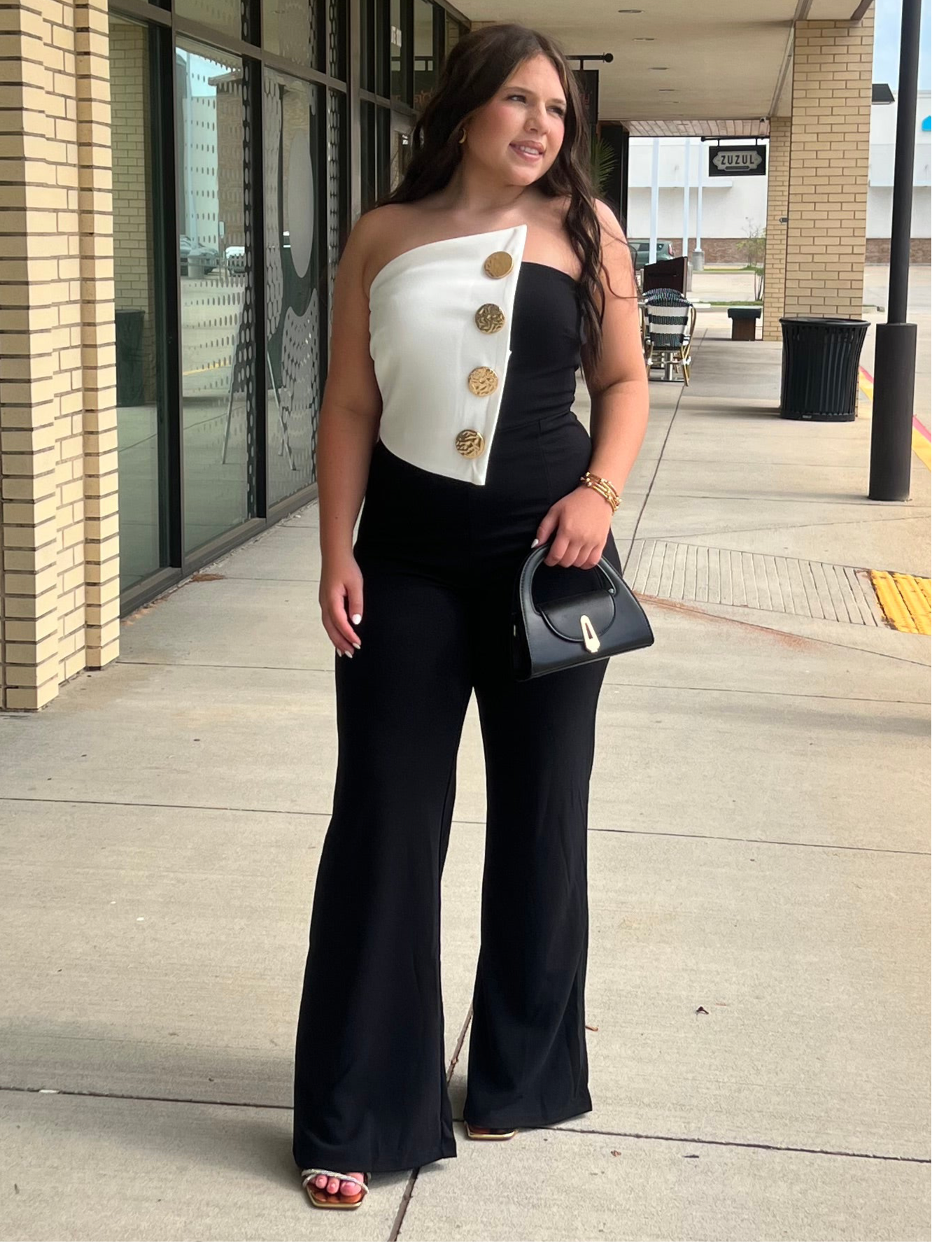 Joss black and white strapless gold button trim jumpsuit