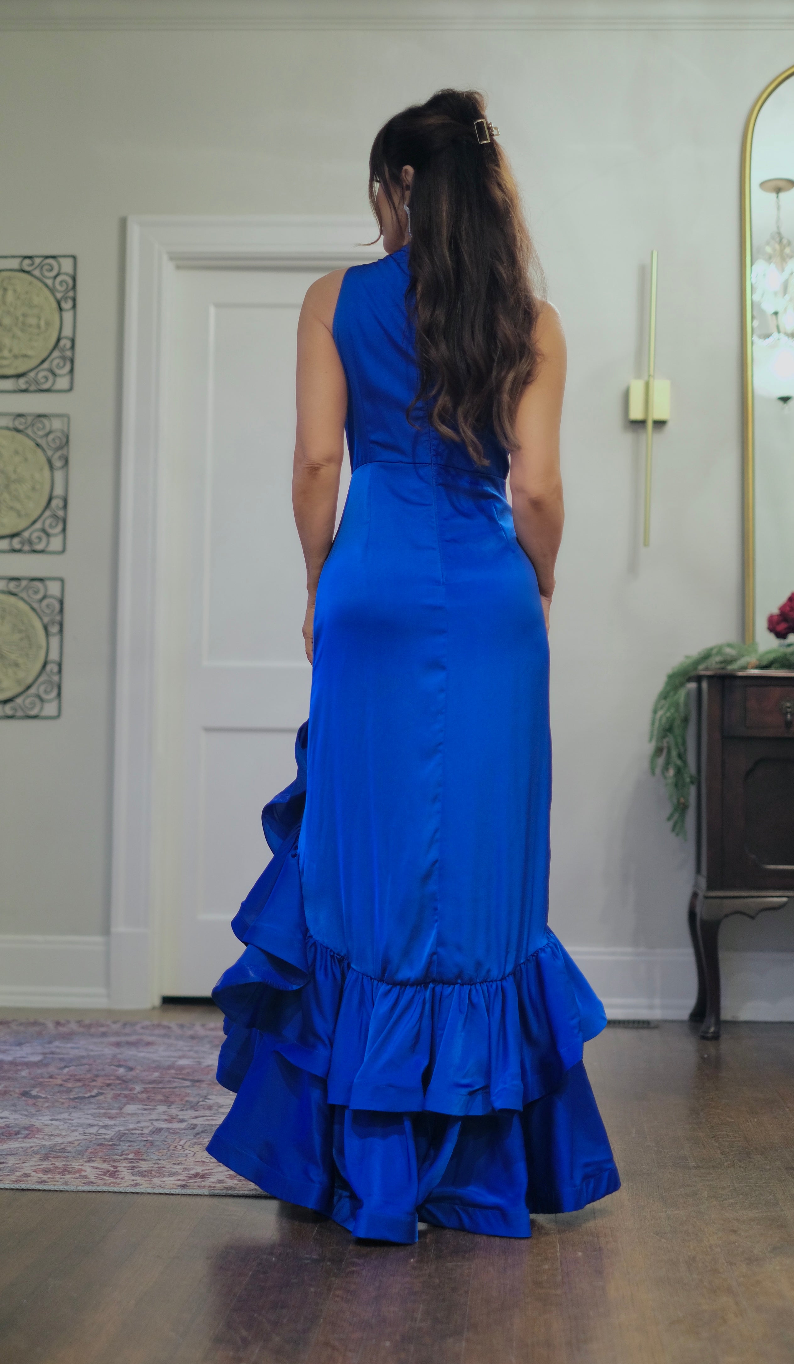 Renae royal blue sleeveless midi dres with ruffle slit