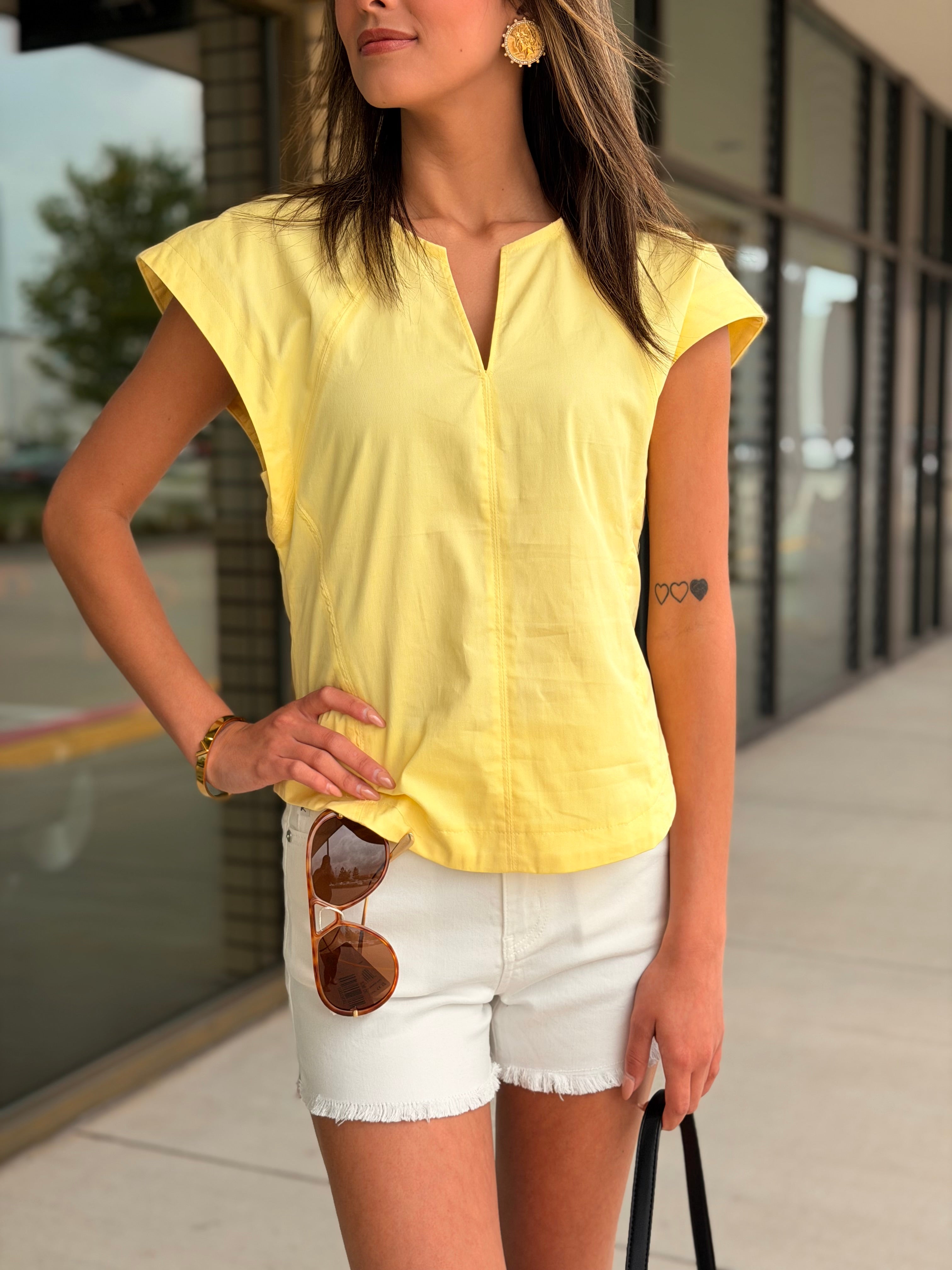 Elani Butter Yellow V Neck Cap Sleeve Top