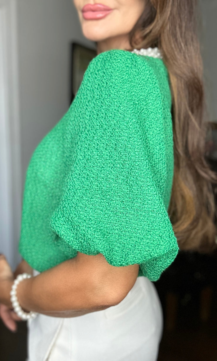 Jackie green tweed bubble sleeve top with pearl neck line