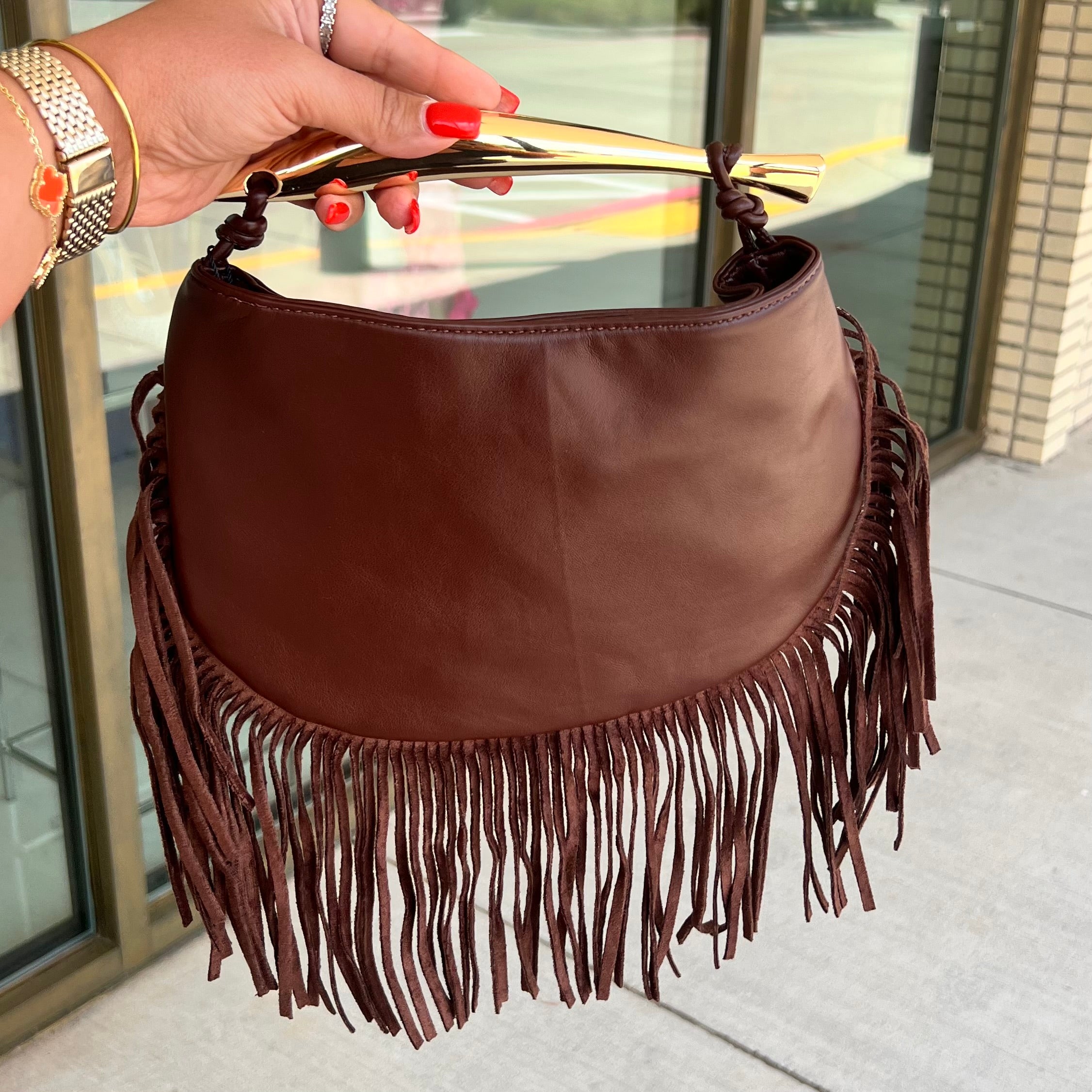 Lannie Chocolate Leather Fringe Handbag With Gold Hardware