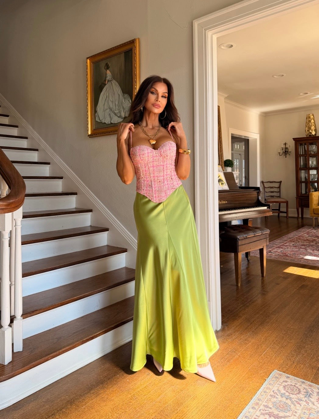 Quinn light olive flared mermaid satin midi skirt