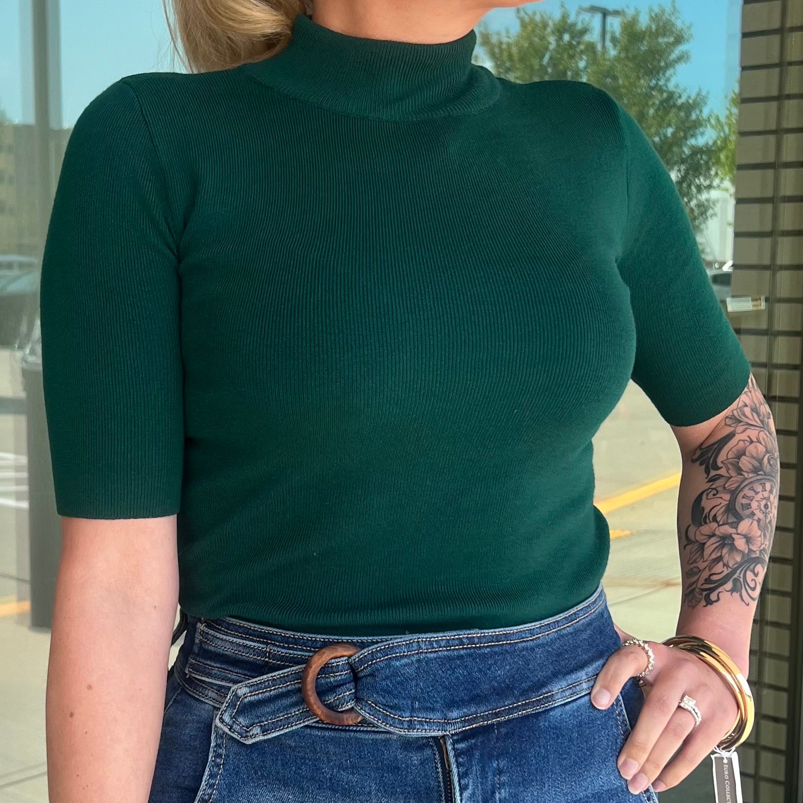 Midori Dark Green Mock Neck Ribbed Quarter Sleeve Sweater Top