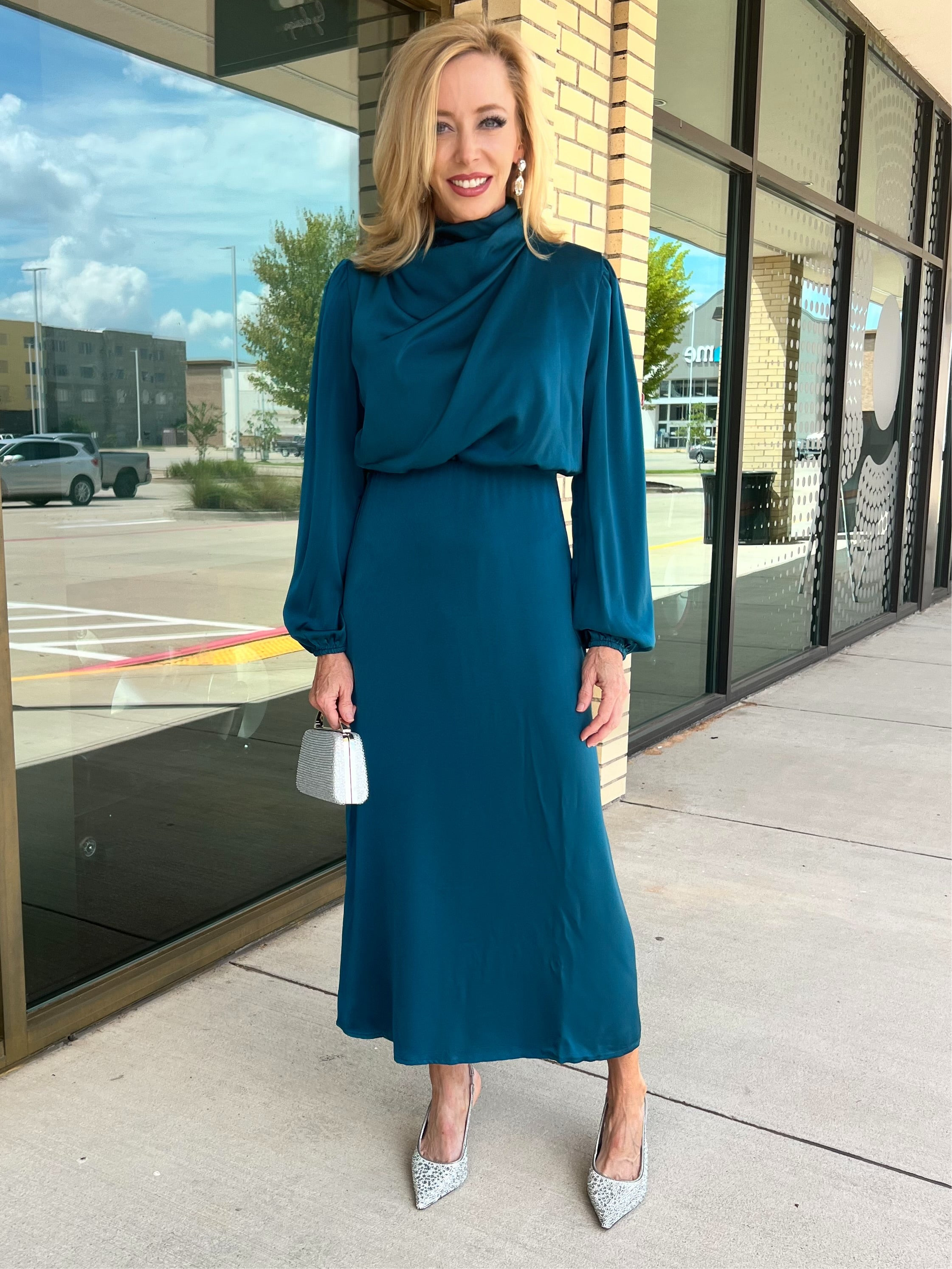 Andrea teal ruched high neck satin long sleeve midi dress