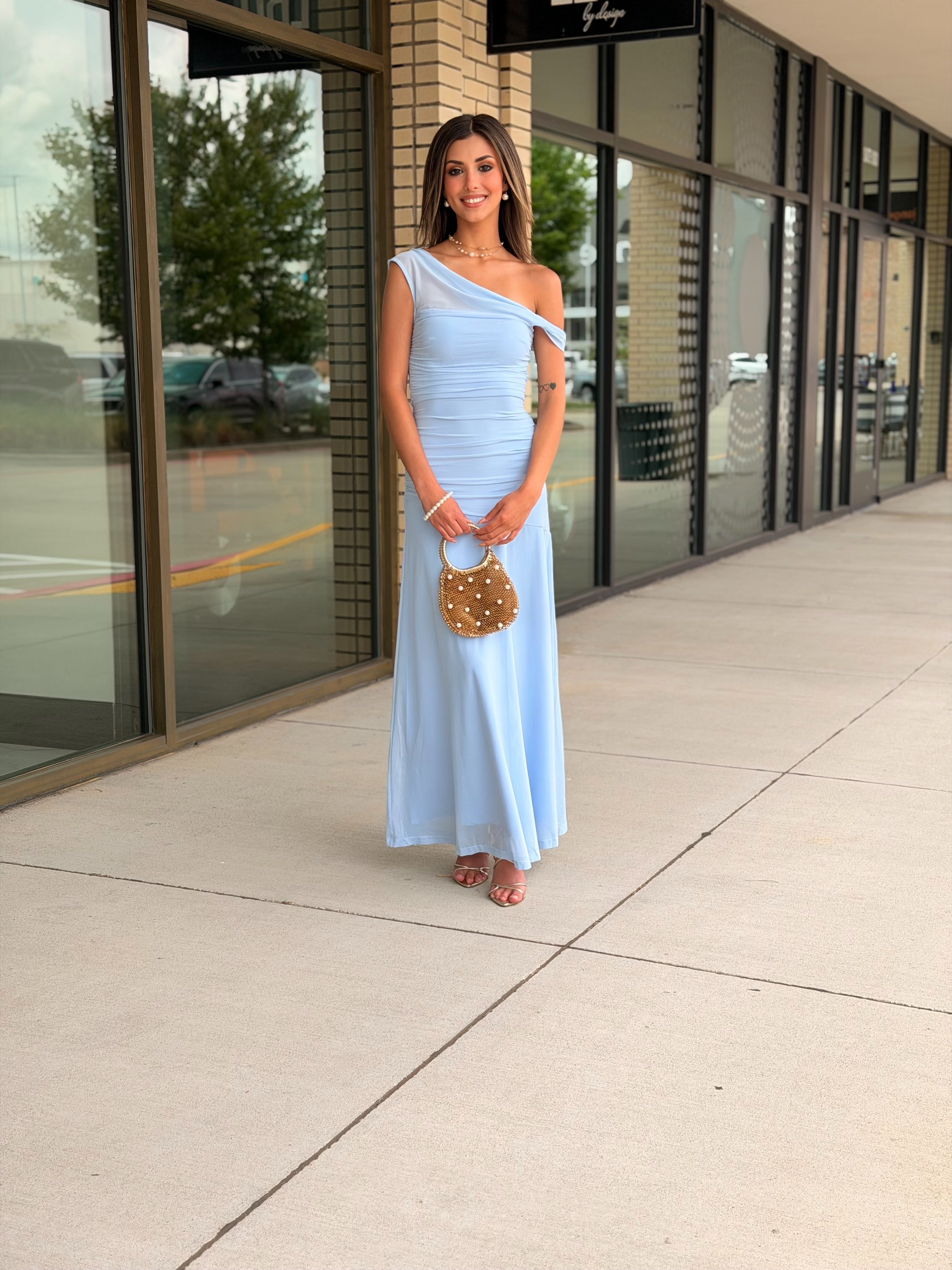 Noa Ice Blue Off Shoulder Drop Waist Maxi Dress