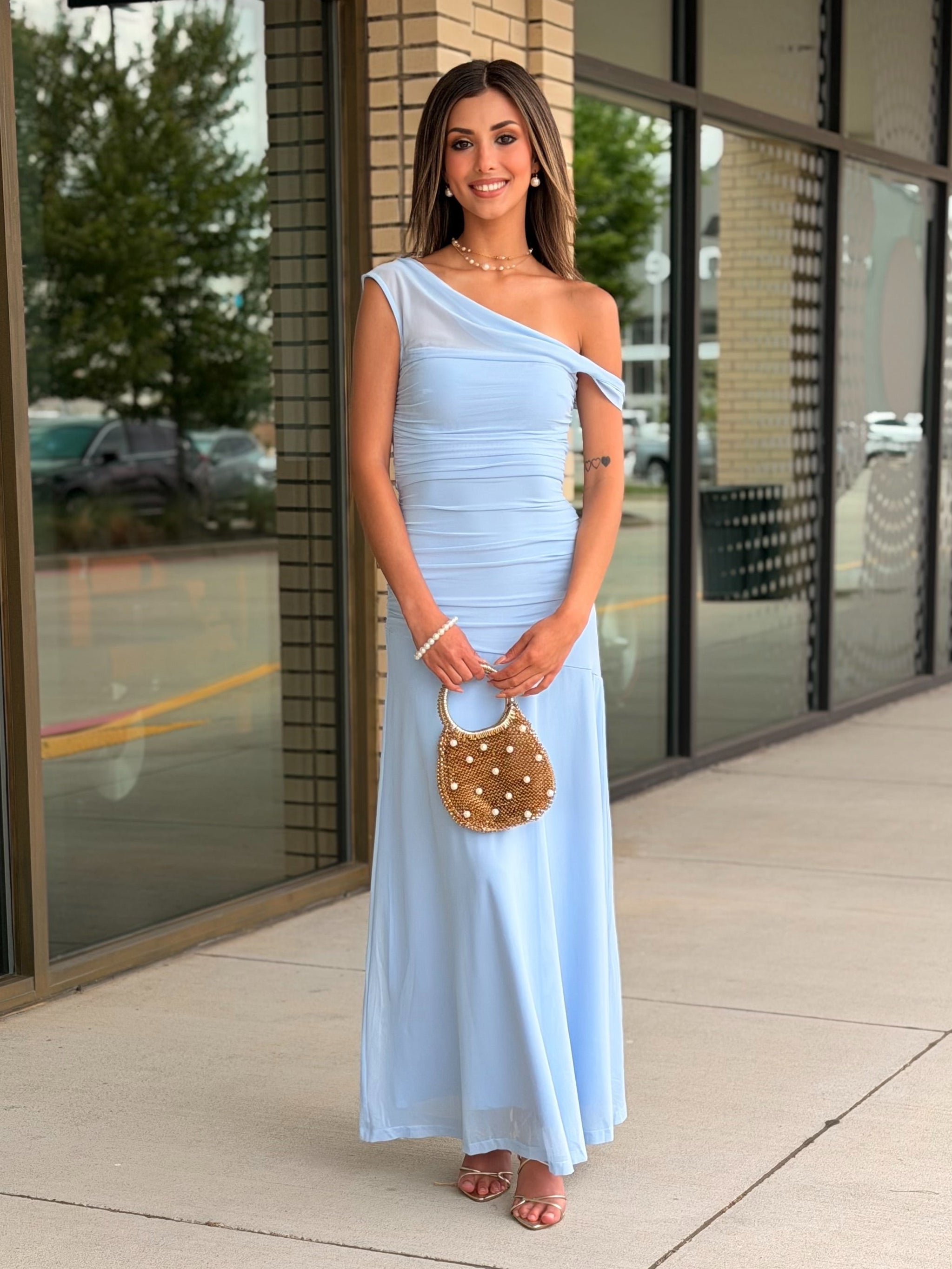 Noa Ice Blue Off Shoulder Drop Waist Maxi Dress