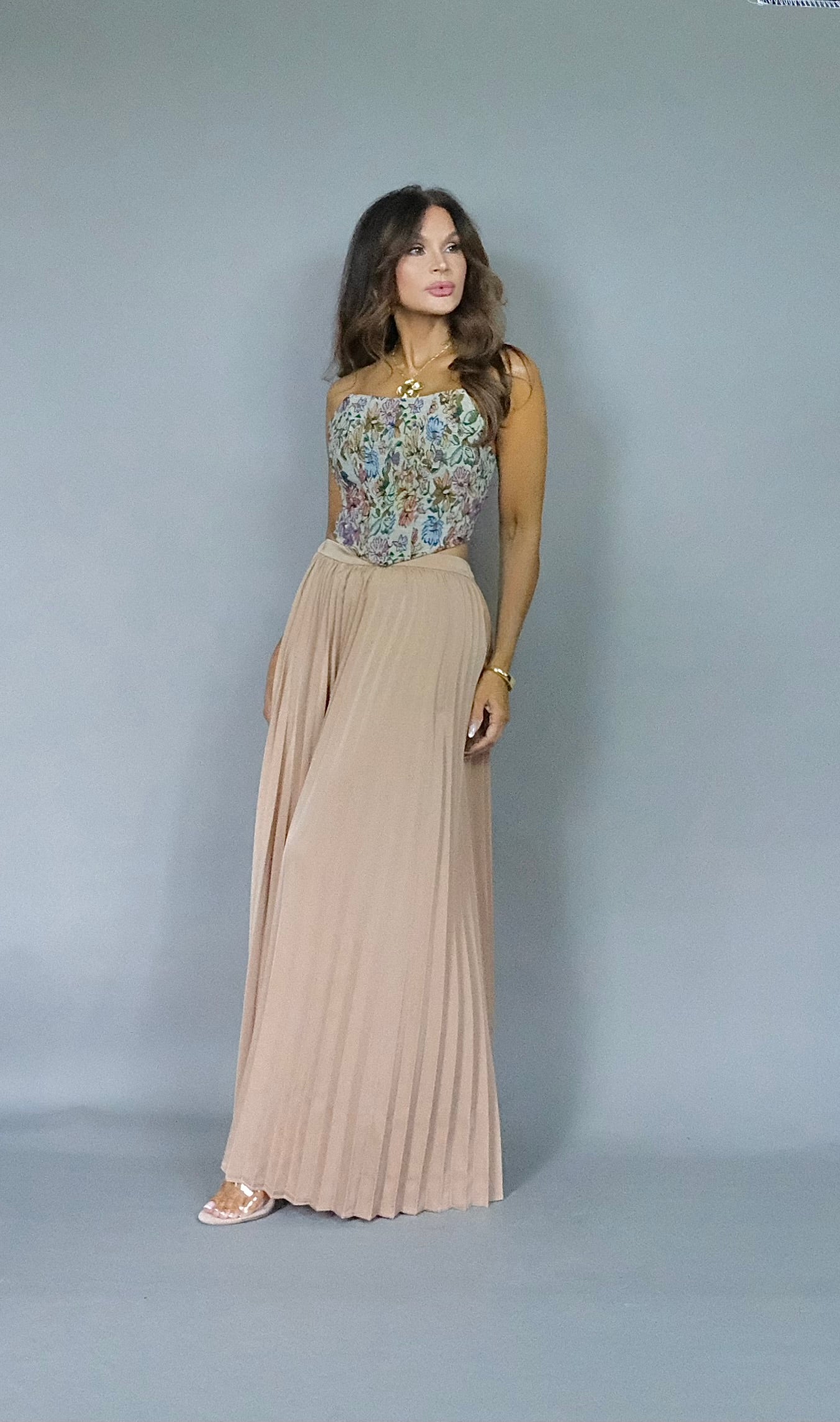 Kendra sand pleated maxi skirt