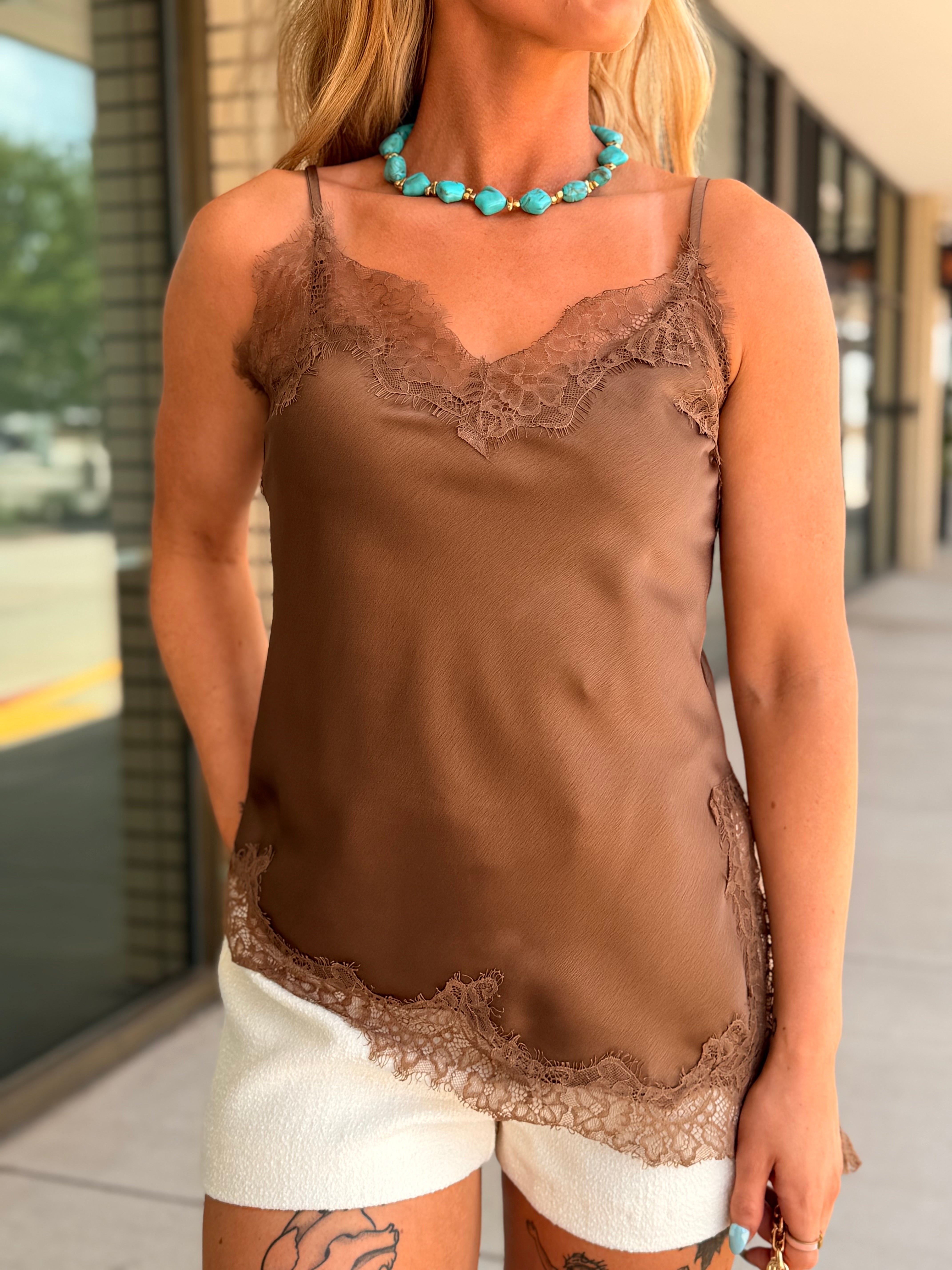 Darya Brown Lace Asymmetric Cami Top