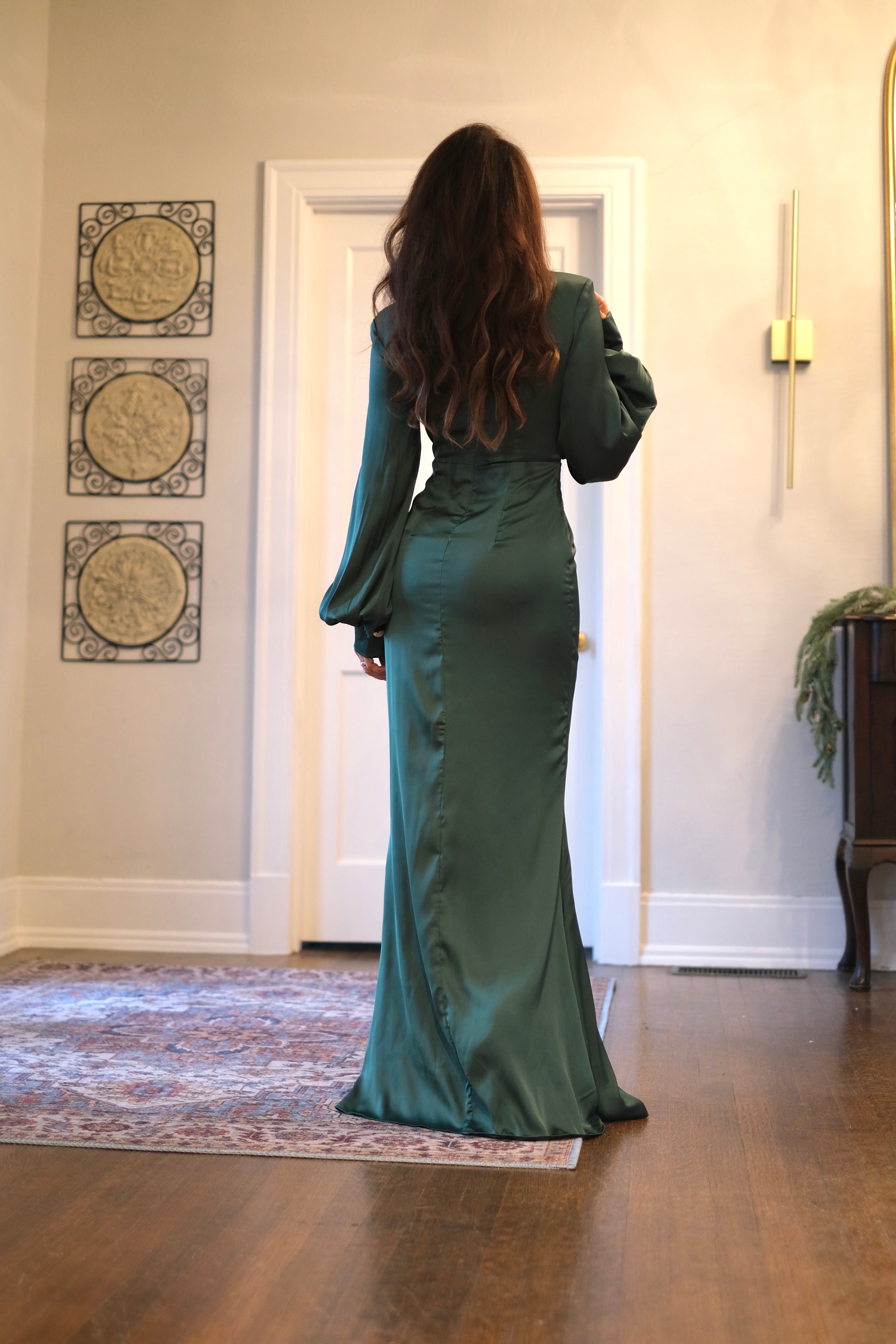 Sonya emerald green satin long sleeve dress with front tie and front slit