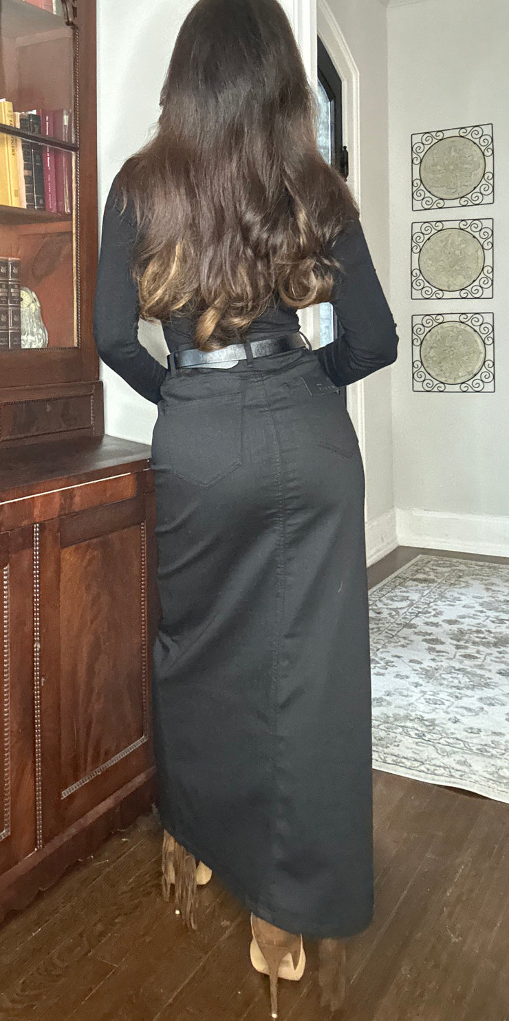 Khayla black denim midi skirt with slit