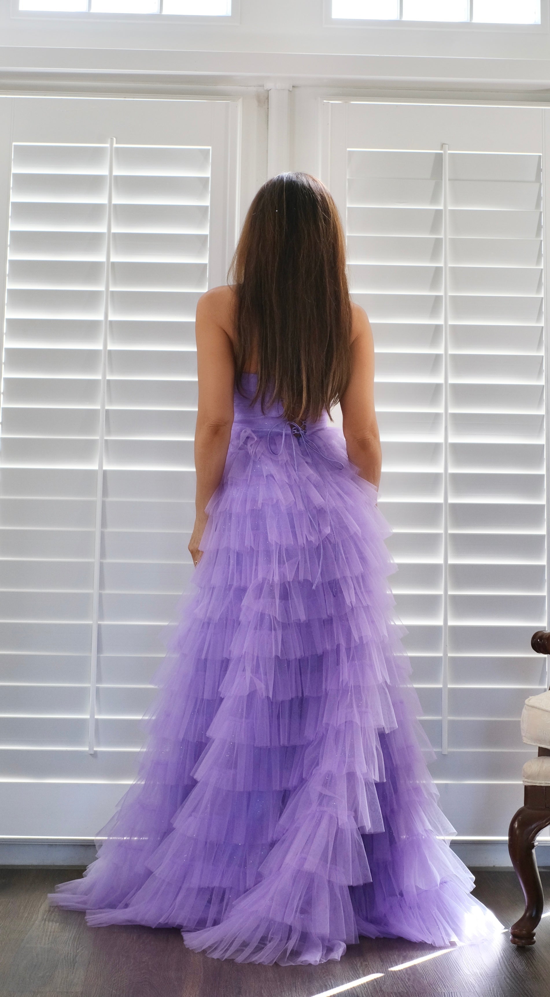 Adaline lilac layered tulle tiered formal with slit