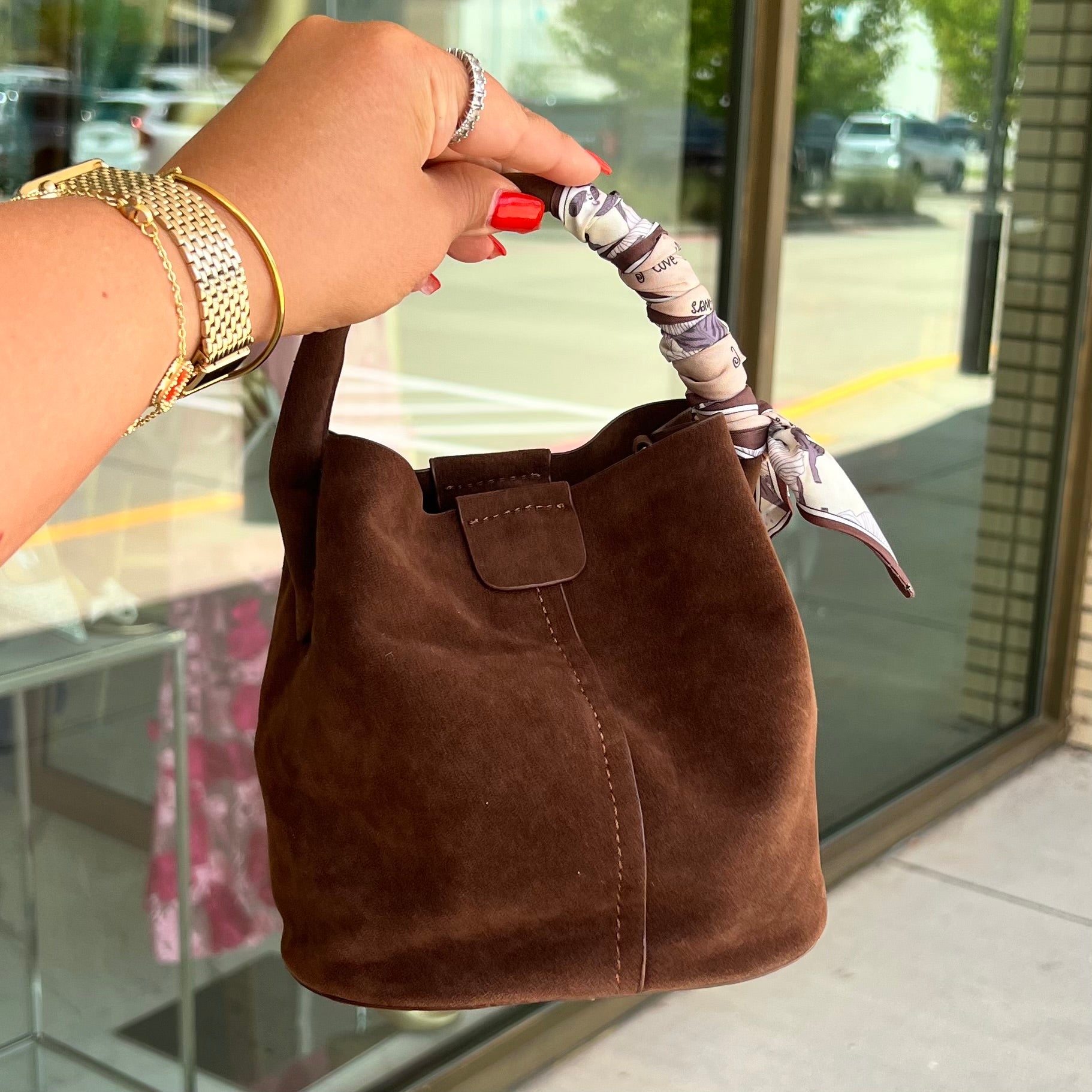 Bess Brown Suede Bucket Bag