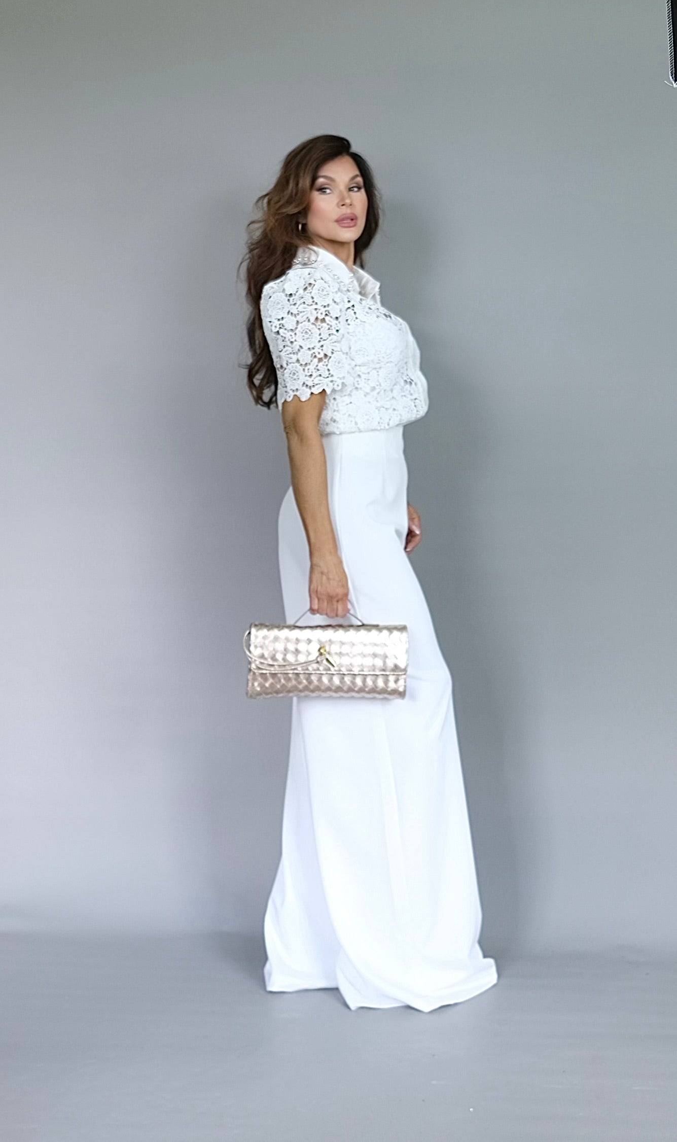 Paulina white overlay top with pearl embellished collar