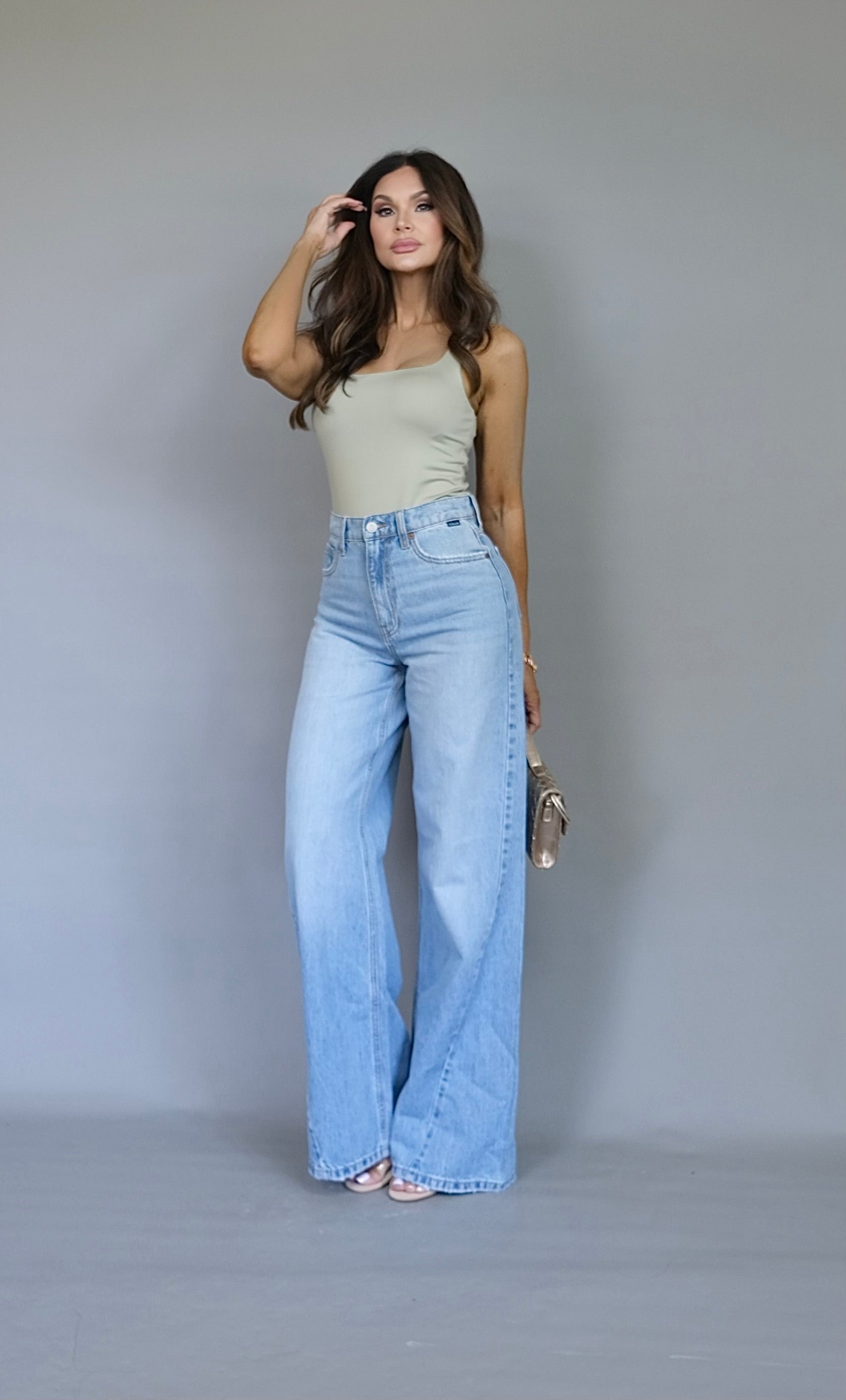 MIllie light wash high rise curved seam wide leg jean