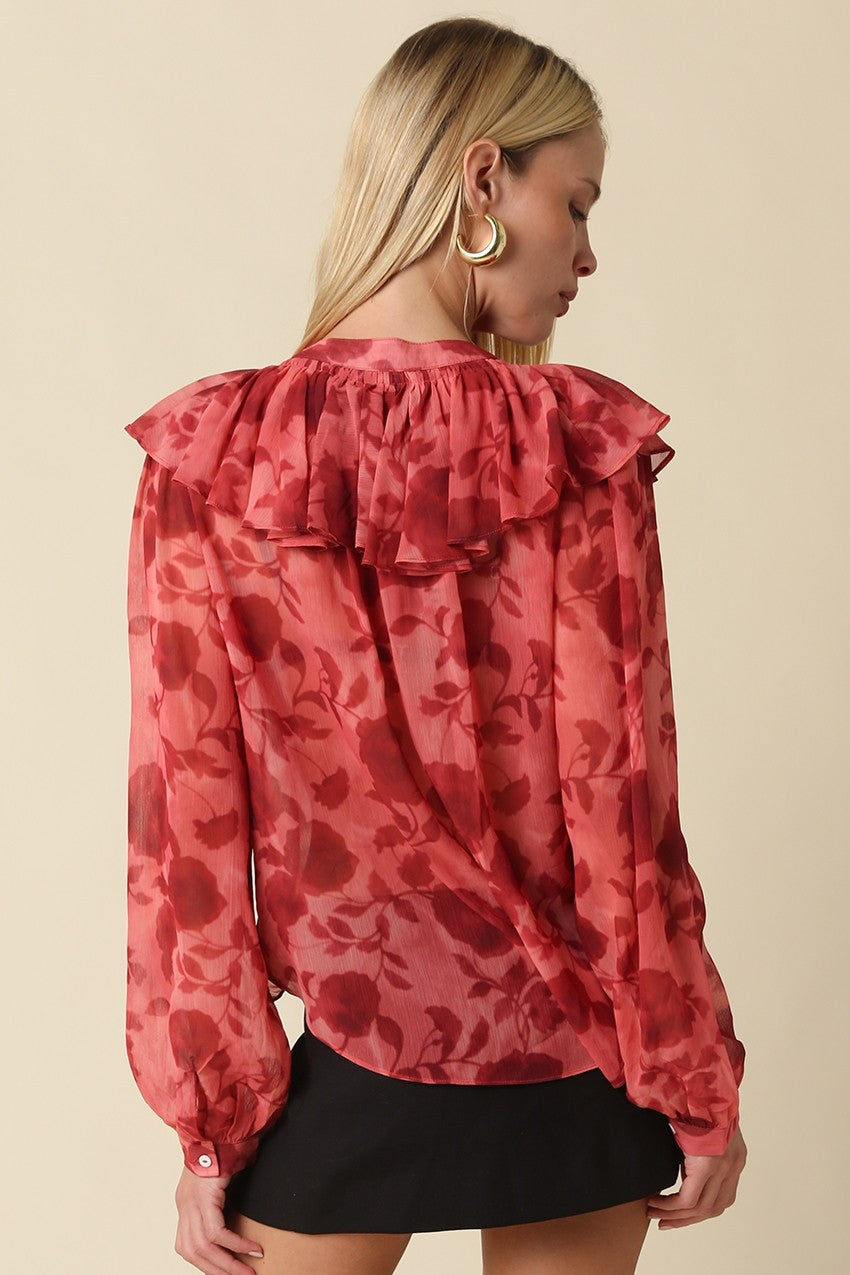 Poppy Pink & Red Floral Ruffle Blouse