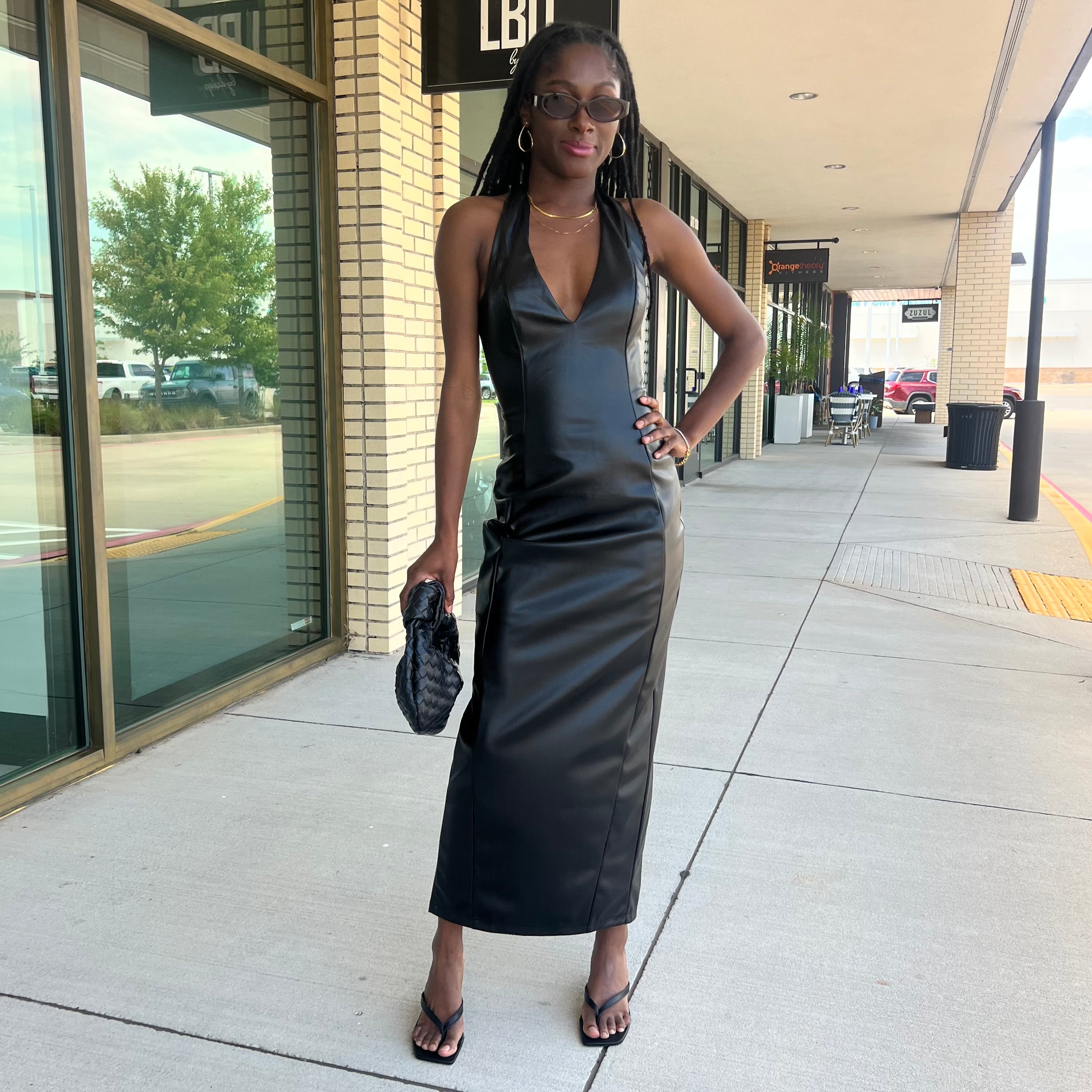 Portia Black Vegan Leather Halter Midi Dress