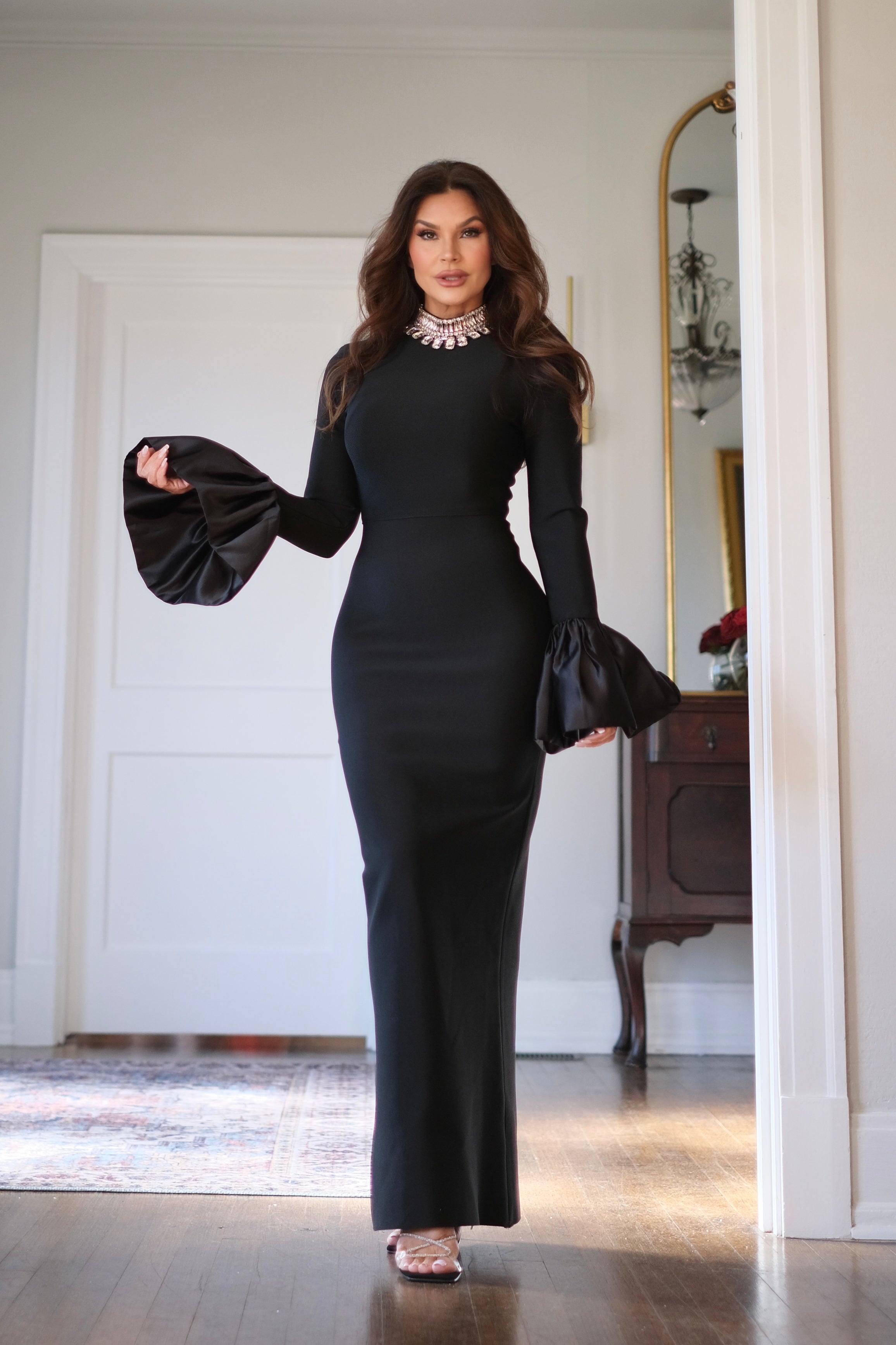 Loni black bandage midi dress with satin sleeve ruffles and crystal detail