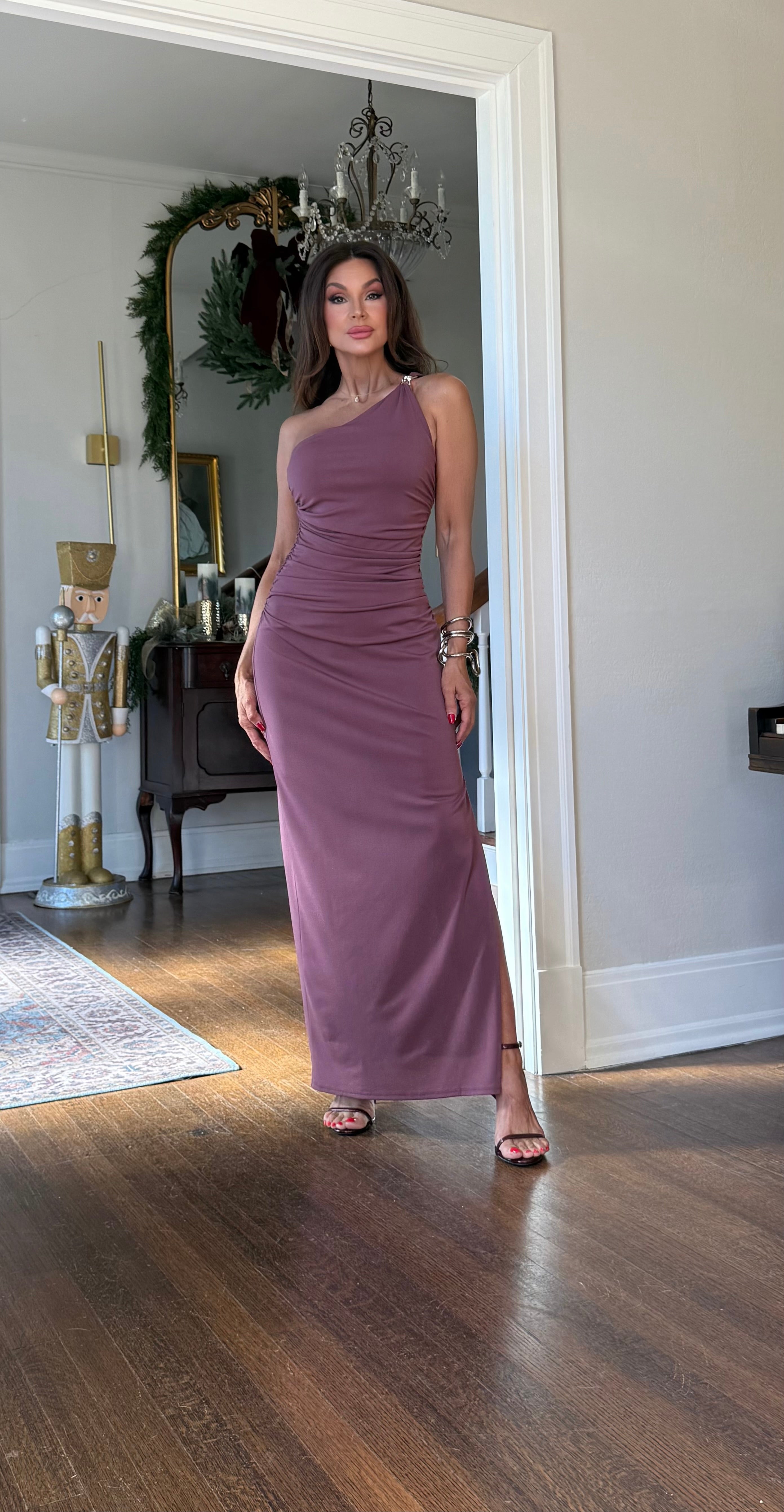 Youree dark mauve one shoulder metal buckle midi dress