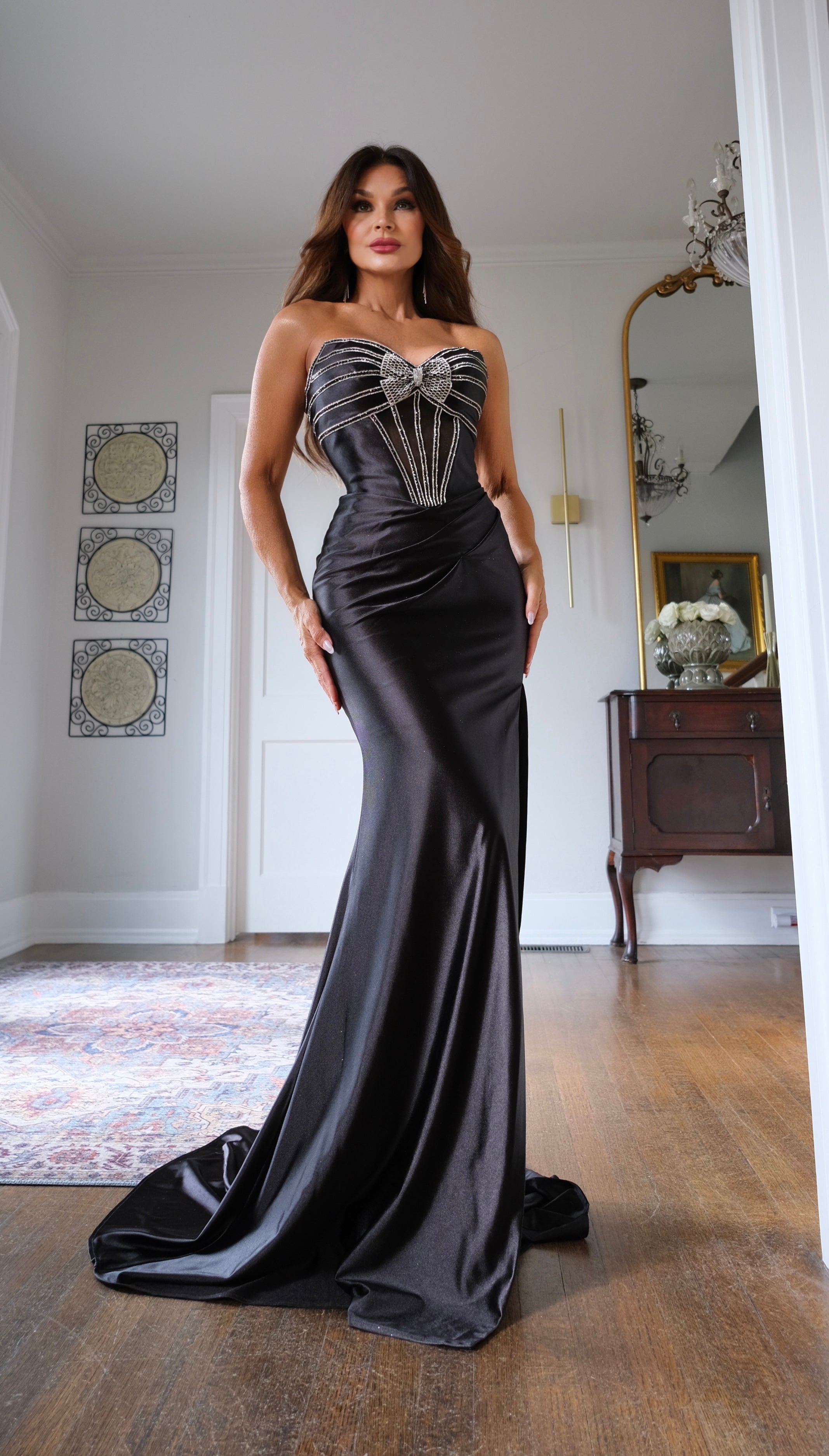 Neely black stoned bow corset top satin formal dress with slit