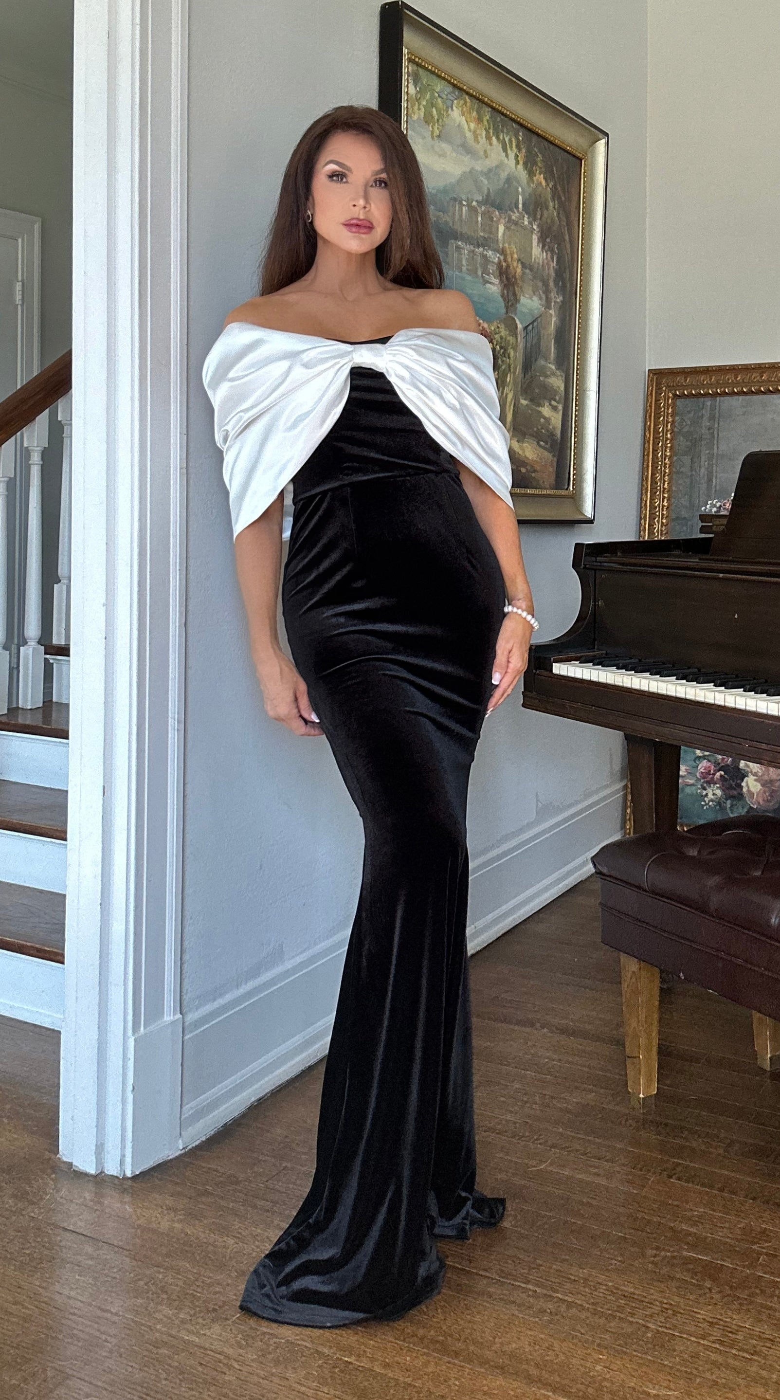 Camden black velvet mermaid dress with white bow train