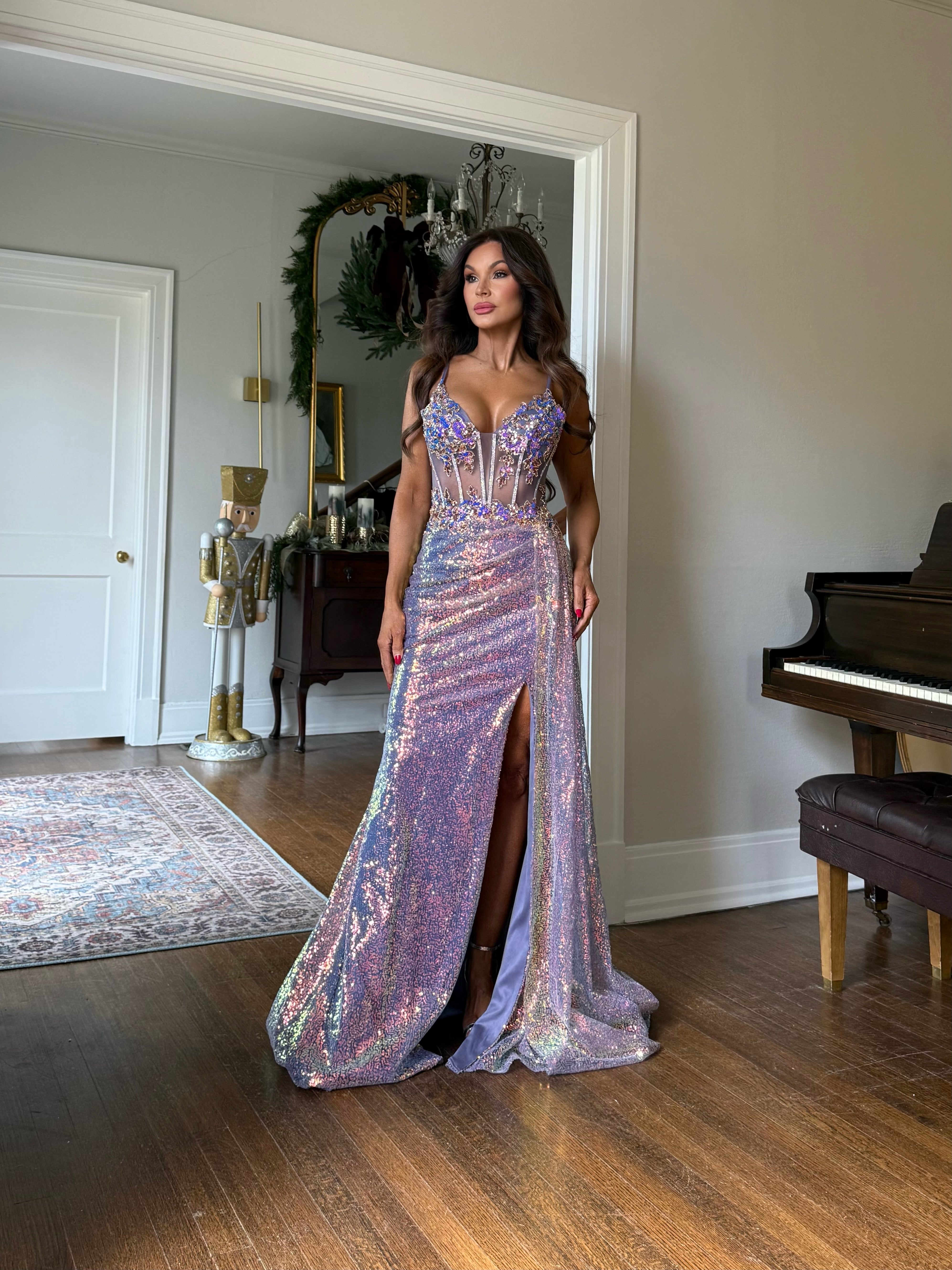 Gloria purple iridescent sequin corset formal