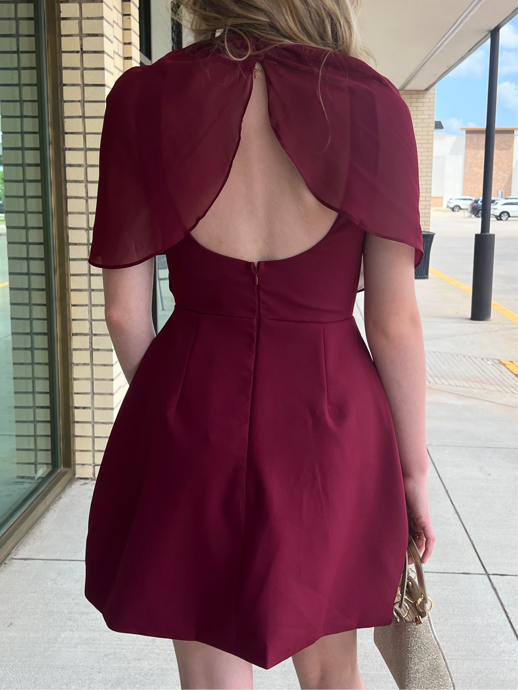 Caroline Cherry Wine A line Mini Dress With Sheer Shawl Overlay