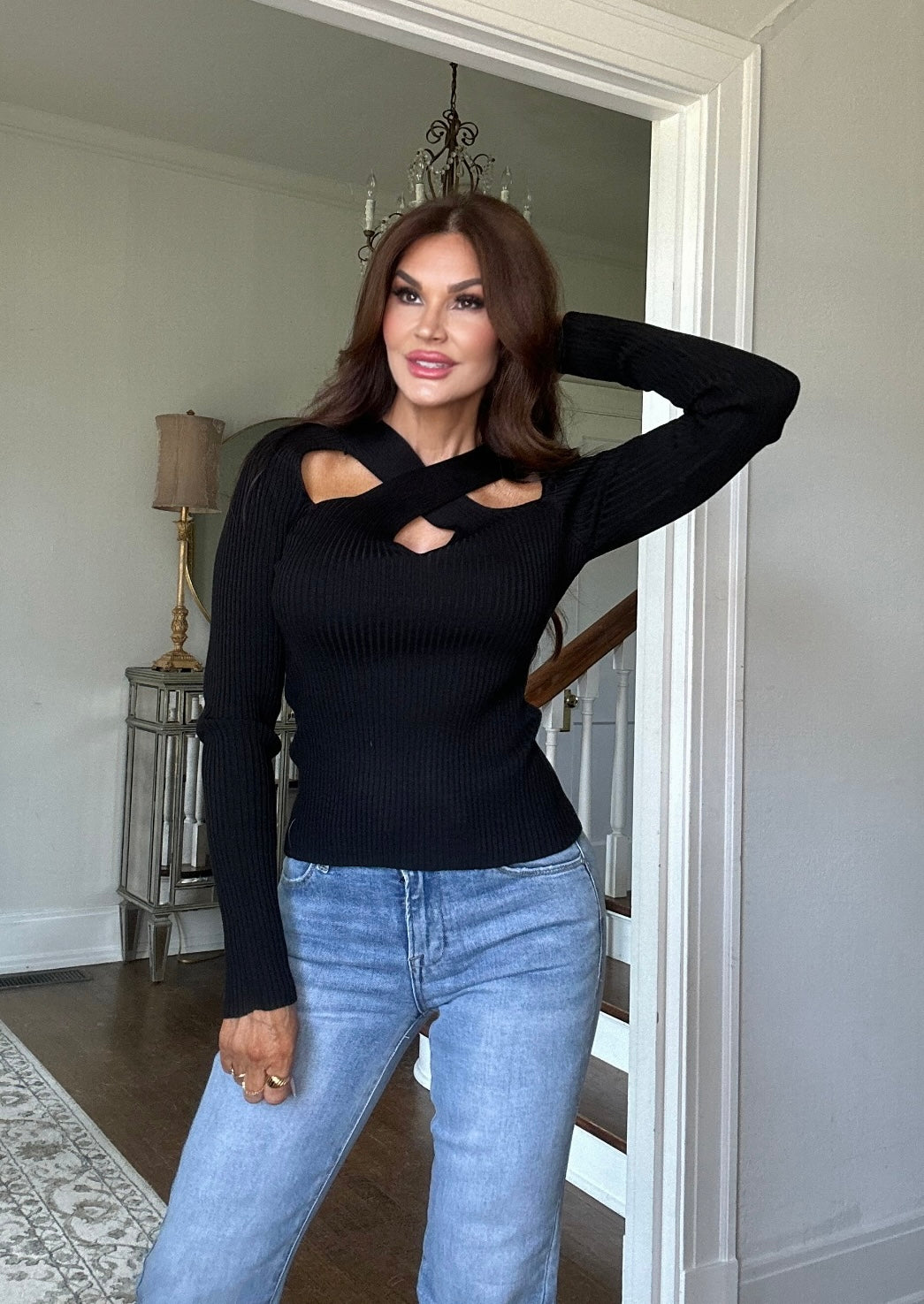 Tina black criss cross keyhole long sleeve top