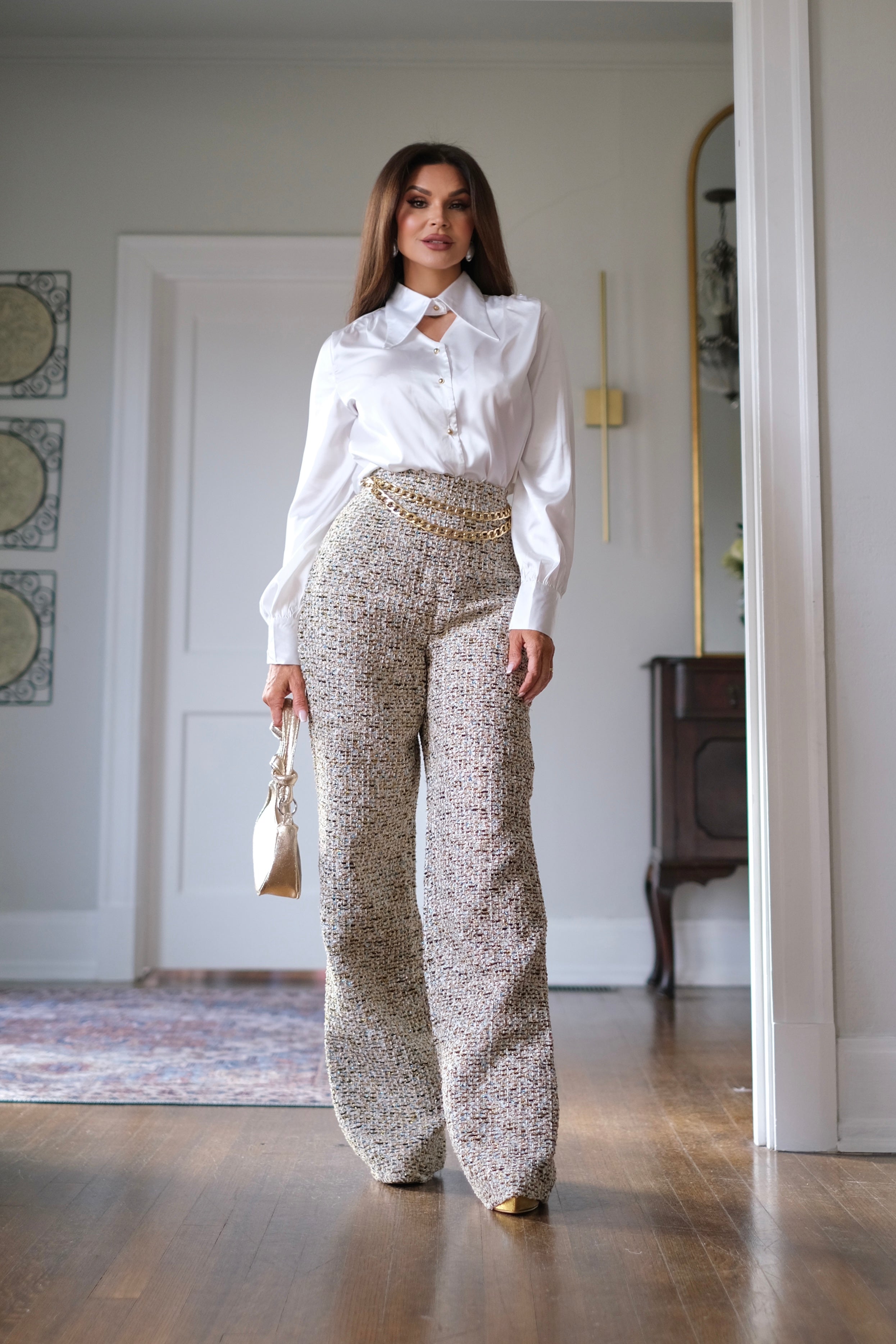 Cindy tweed wide leg pant with chain belt